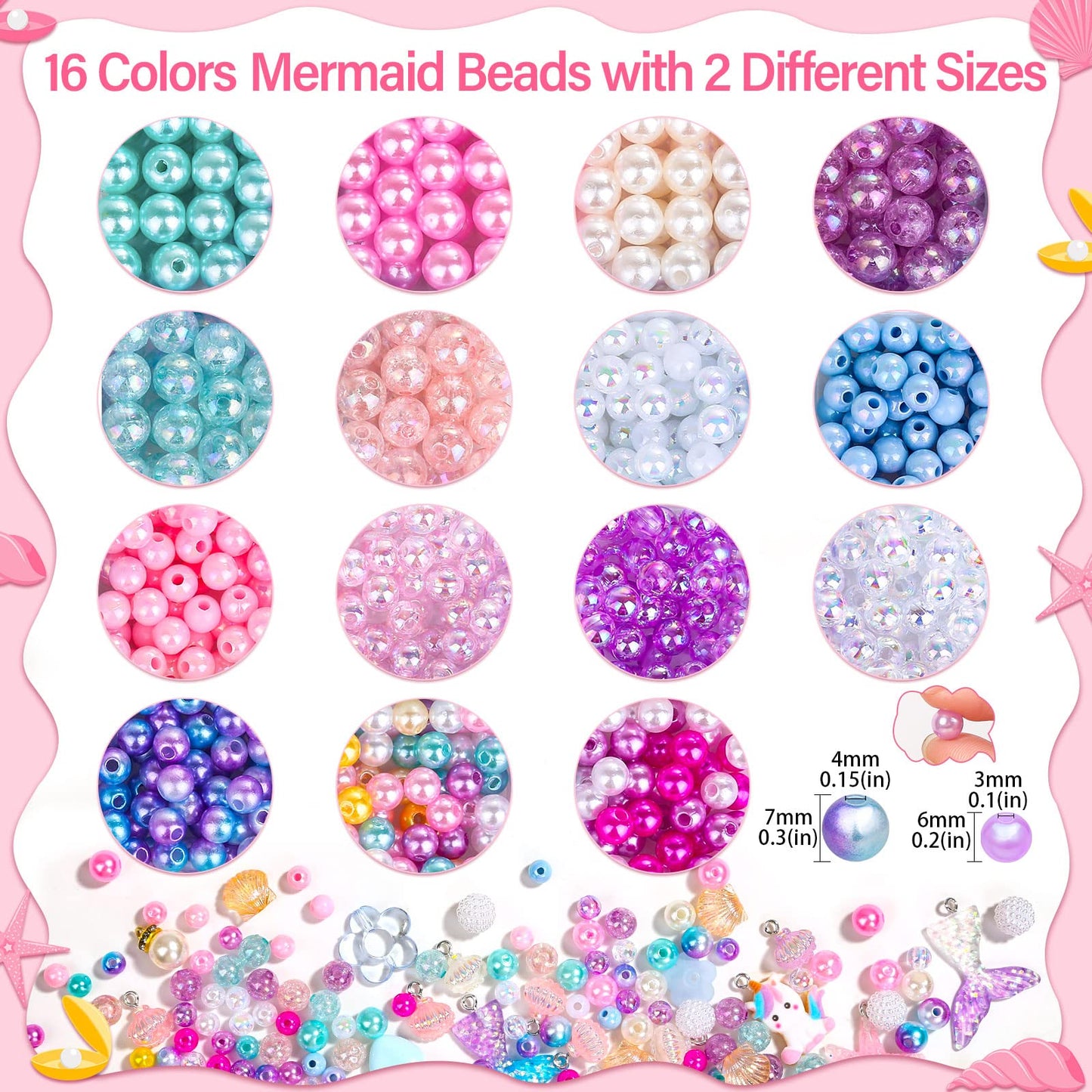 802Pcs Mermaid Beads Jewelry Making Kit, Mermaid-Inspired Beads & Charms Set with Elastic Strings and Tools, Bracelet & Necklace Craft Supplies (802 Pieces)