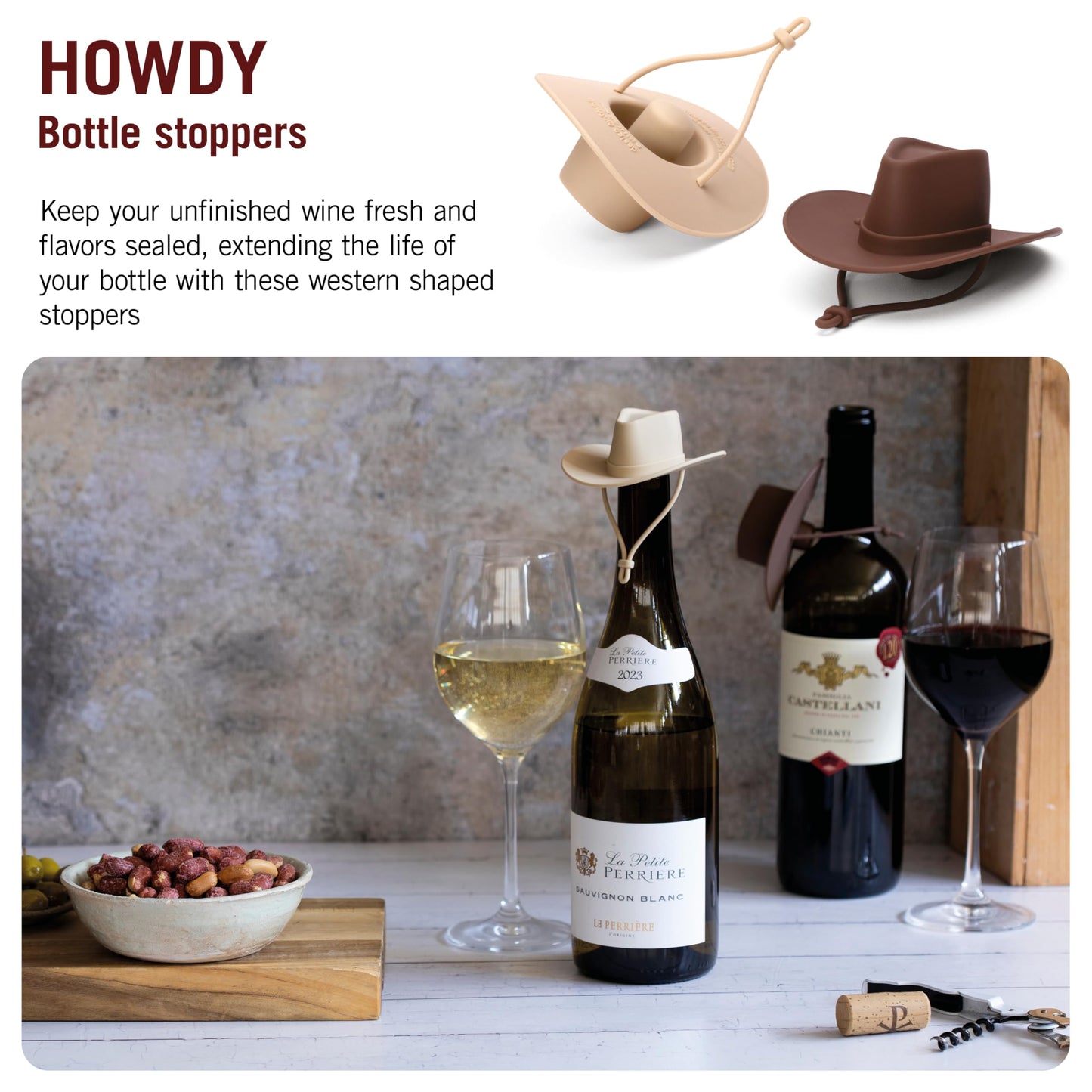 Monkey Business Howdy - 2-Pack Cowboy Hat Wine Stoppers – Fun Silicone Bottle Stoppers Keep Wine Fresh – Novelty Kitchen Gadgets & Cute Wine Accessories