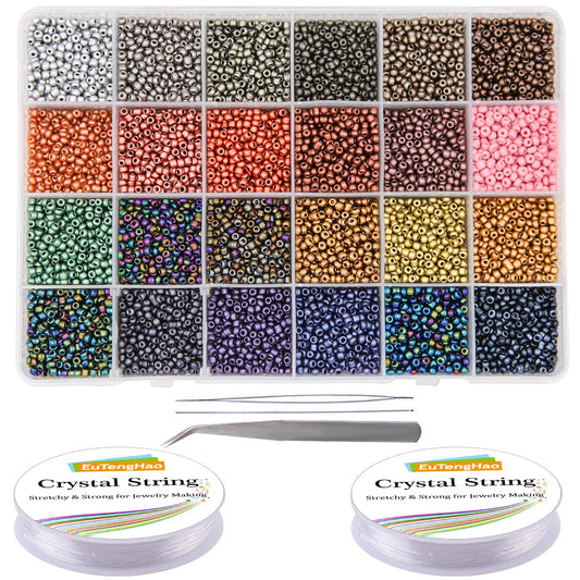 EuTengHao 8/0 Glass Seed Beads Kit, 3mm Metal Color Waist Beads, 24Colors Small Pony Beads with String for Bracelet Necklace Earring Jewelry Making (14405PCS, 600 Per Color)