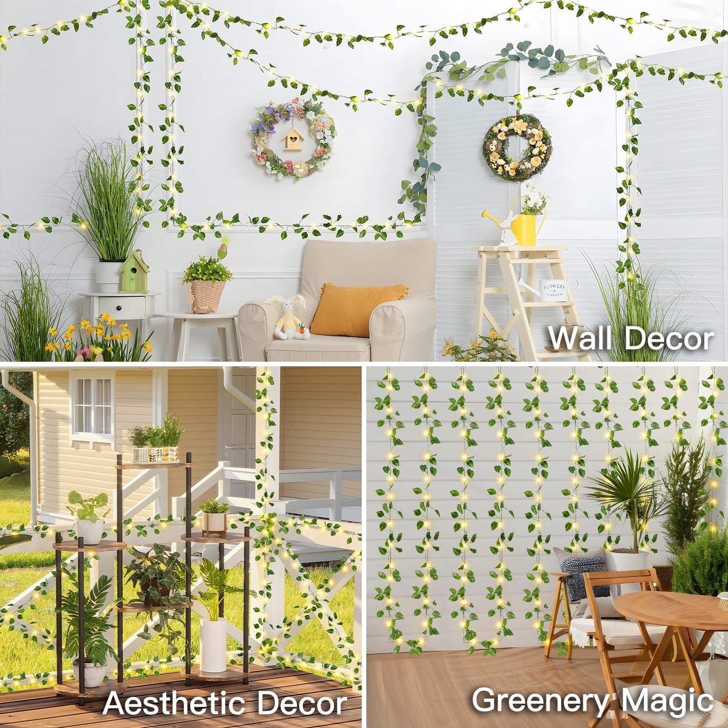 suddus Solar Fairy Lights, 33ft 100 Led Pothos Leaf Solar String Lights Outdoor Waterproof, 8 Modes Vines with Lights for Balcony, Deck, Patio, Garden, Fence,Wedding (Warm White)