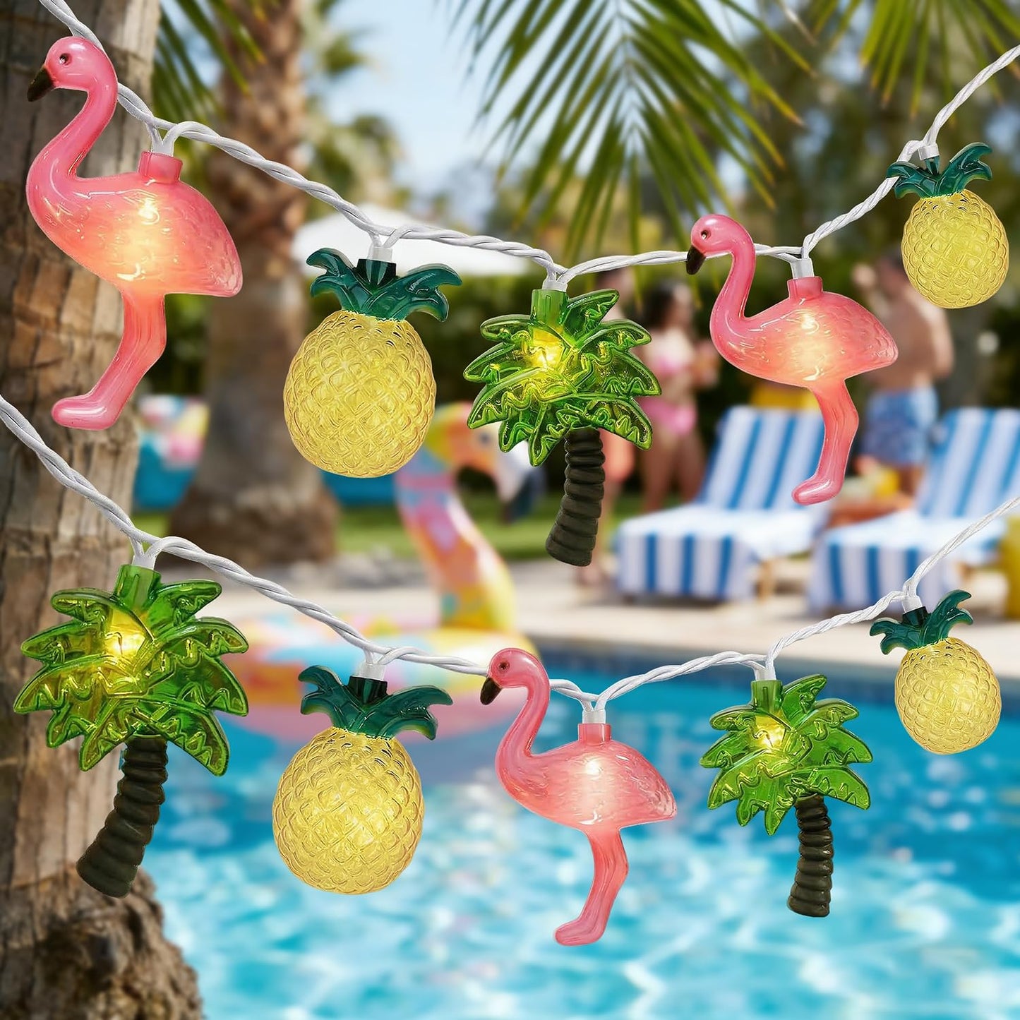 Hawaiian Party Decorations Lights - 8.5Ft LED Flamingo Pineapple Palm Tree Lights Tropical String Lights Tiki Lights Outdoor for Summer Hawaiian Themed Pool Beach Party Bar Home Room Tropical Decor
