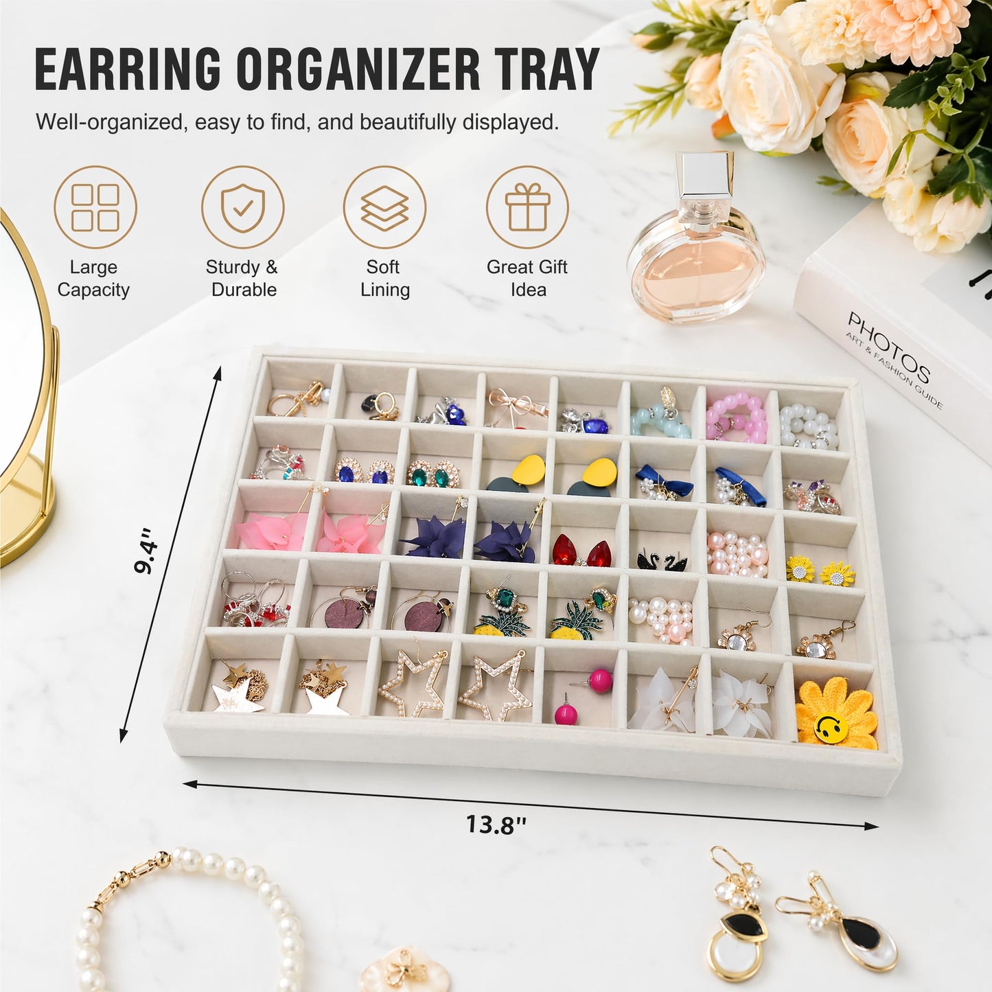 Stratalife Earring Organizer Stackable Jewelry Tray Removable Display Tray Organizer for Jewelry Necklace Earring Drawer Inserts 40 Grid Beige