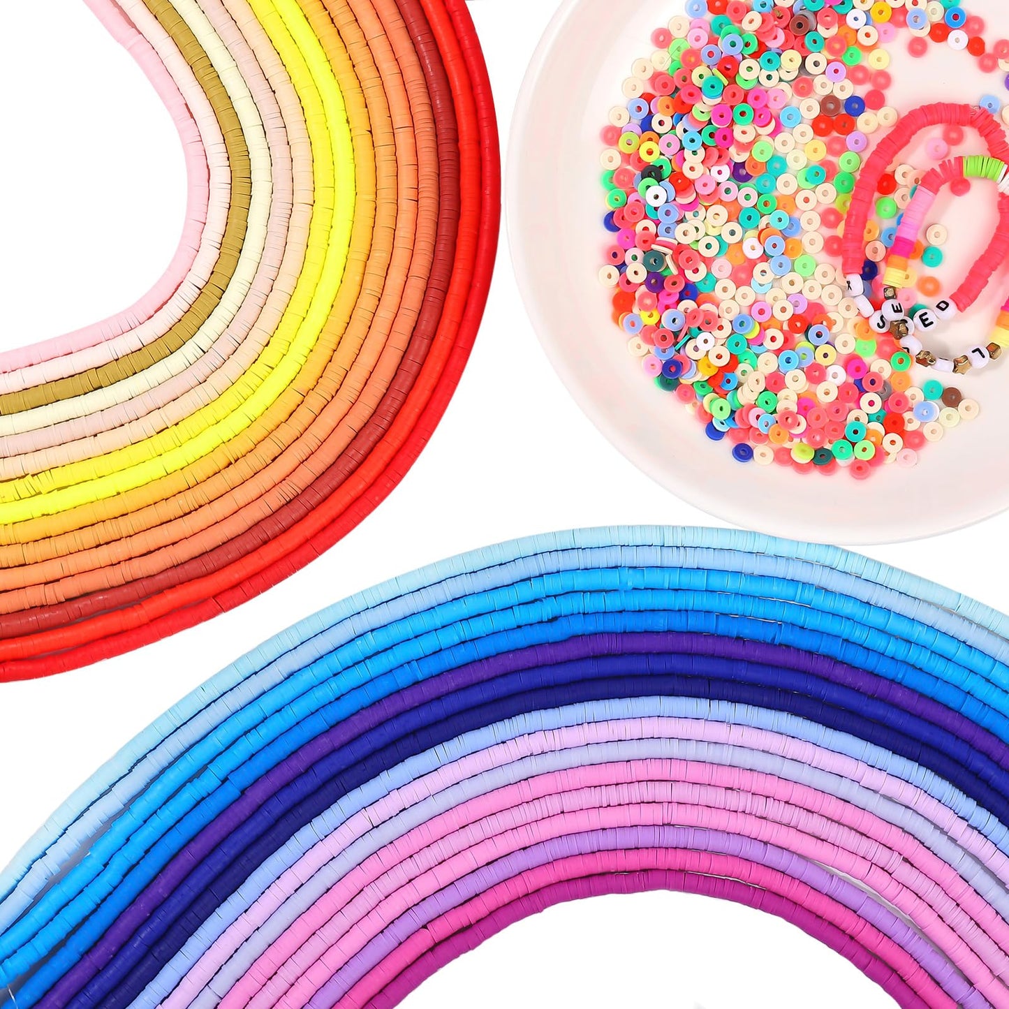 18500 Pcs 48 Strands Clay Beads Polymer Heishi Flat Round Disc and Alphabet Letter Beads for Bracelet Jewelry Making DIY Necklace Earrings, 48 Colors 6mm