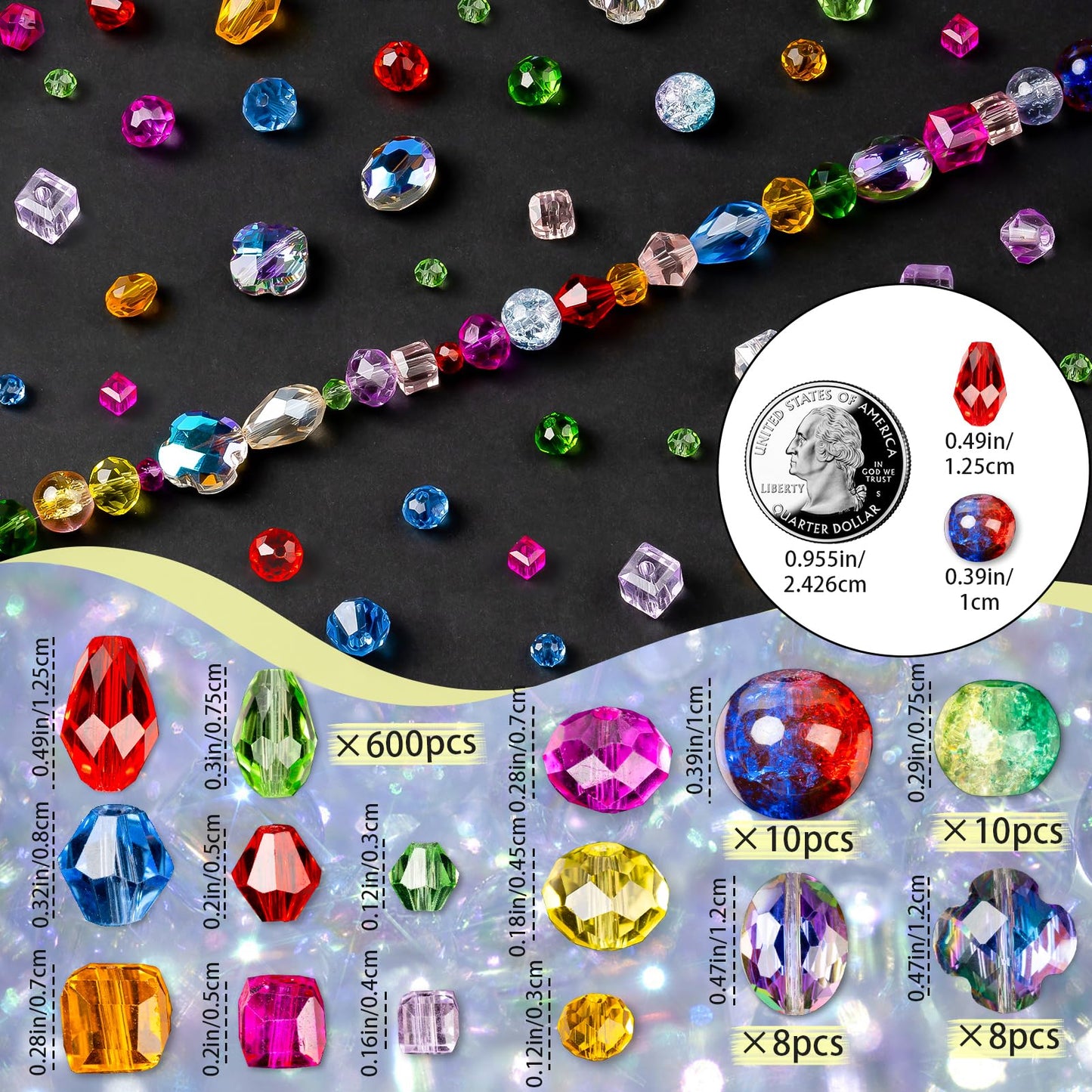 636pcs Glass Beads for Jewelry Making - Colorful Rainbow Craft Crystal Beads with Loose Beads Sparkly Beads Hole Drilled DIY for Bracelets Craft Earrings Making