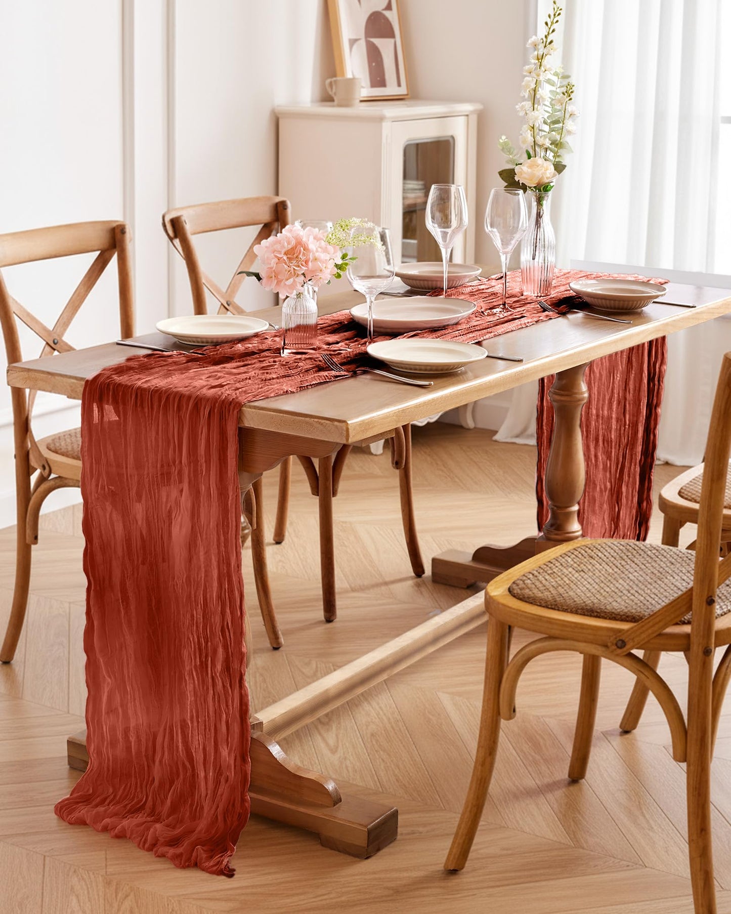 2-Pack Fall Thanksgiving Table Runner, 120'' Boho Table Cloth Decorations for Party, Baby Shower, Wedding and Farmhouse, Fabric Room Decor, Rust, Terracotta