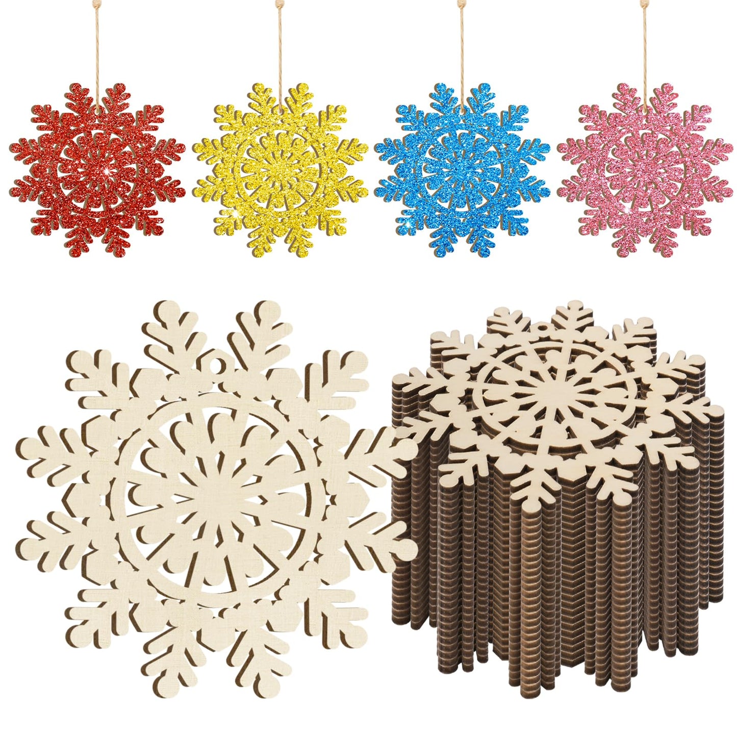 Wooden Christmas Snowflake Ornaments to Paint Christmas Winter Decoration Cutouts Unfinished 24PCS 3.5 inches, DIY Blank Unfinished Christmas Tree Ornament for Home Snowflakes Crafts Hanging