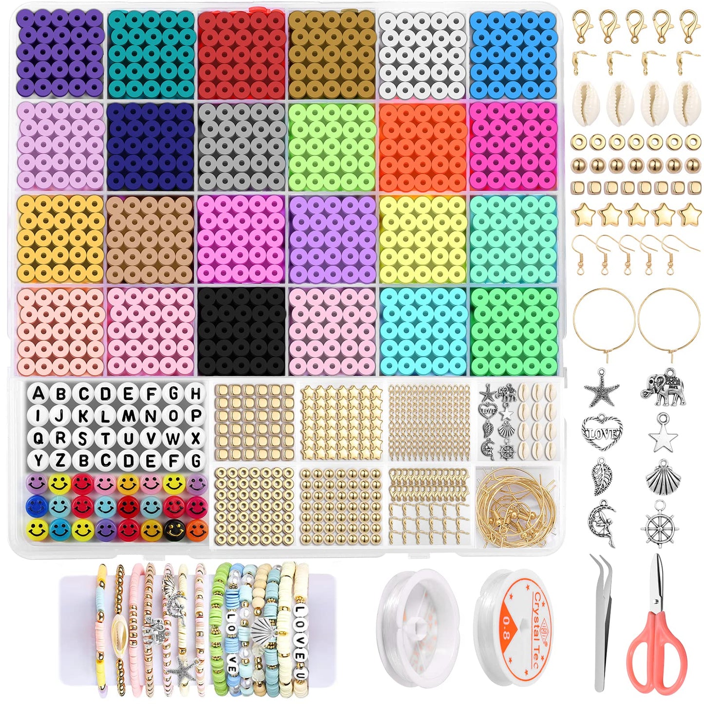 OPPRYN 6000 Pcs 24 Colors 6mm Polymer Clay Beads,Bracelet Making Kit,Preppy Flat Spacer Heishi Beads for Jewelry Making with Smiley Face Beads Letter Beads Pendant Charms kit,Gifts/DIY