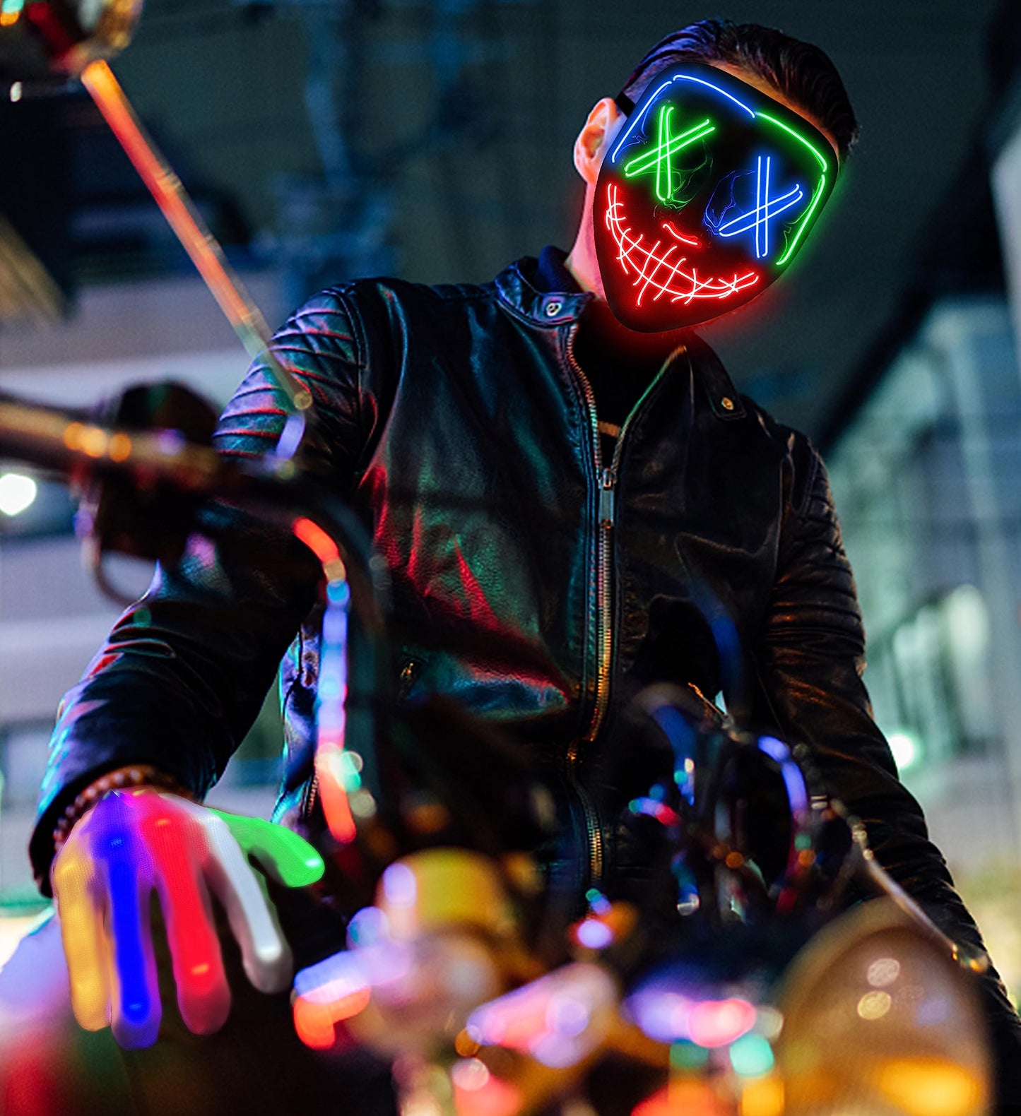 Halloween Mask Skeleton Gloves Set, Halloween Costumes Gifts for Men Women Boys Girls, 3 Modes Light Up Scary LED Mask with LED Glow Gloves, Halloween Decorations Scary Scream Anonymous Mask, 2 Pack