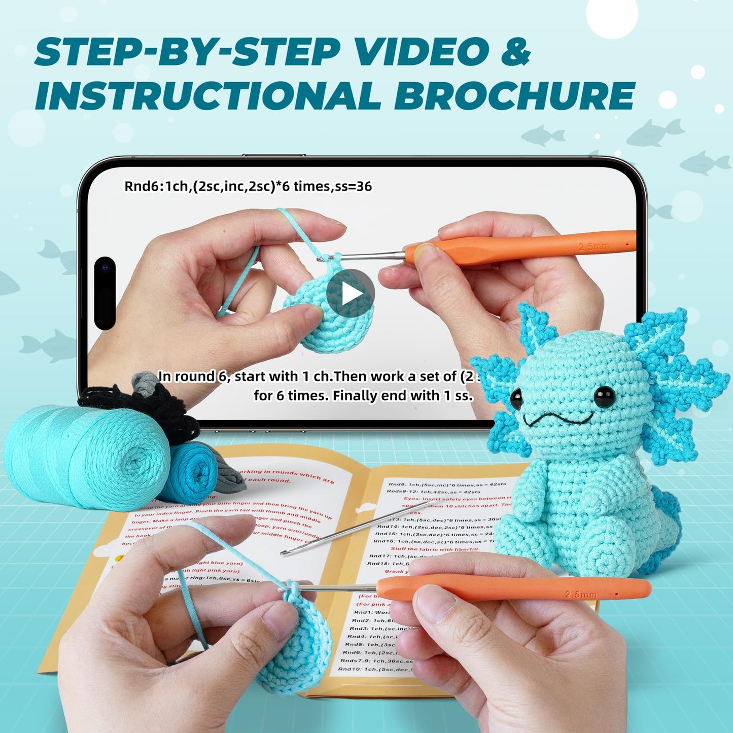 Crochet Kit for Beginners, Crochet Animal Kits, Amigurumi Crocheting Kit for Starters with Step-by-Step Video Tutorials, Beginner Crochet Kit for Adults (1Pack Blue Axolotl)