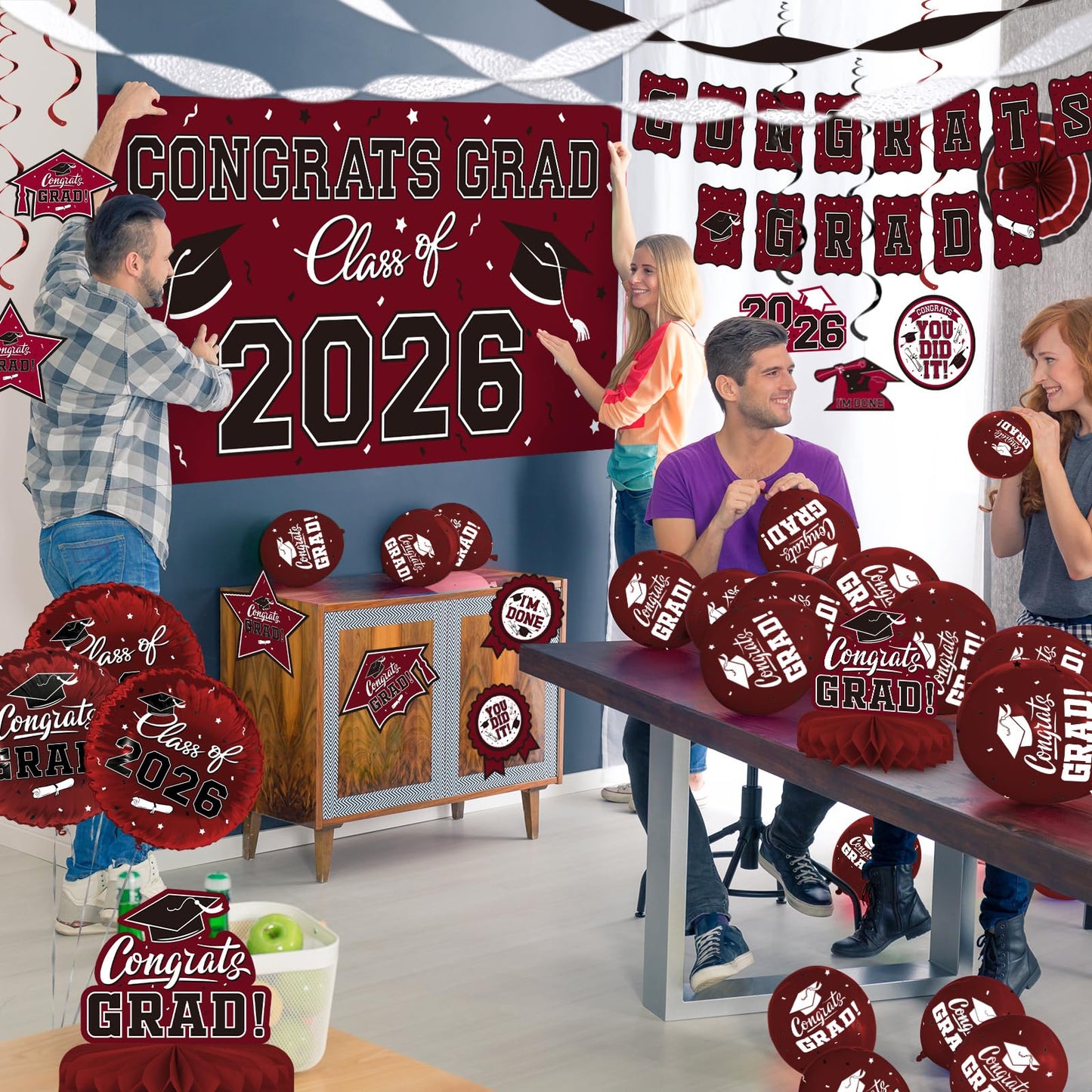 Maroon Themed 2026 Graduation Decorations Set - Congrats Grad Banner, Class of 2026 Backdrop, Balloons & Streamers Kit - Complete Party Supplies for High School & College Celebrations