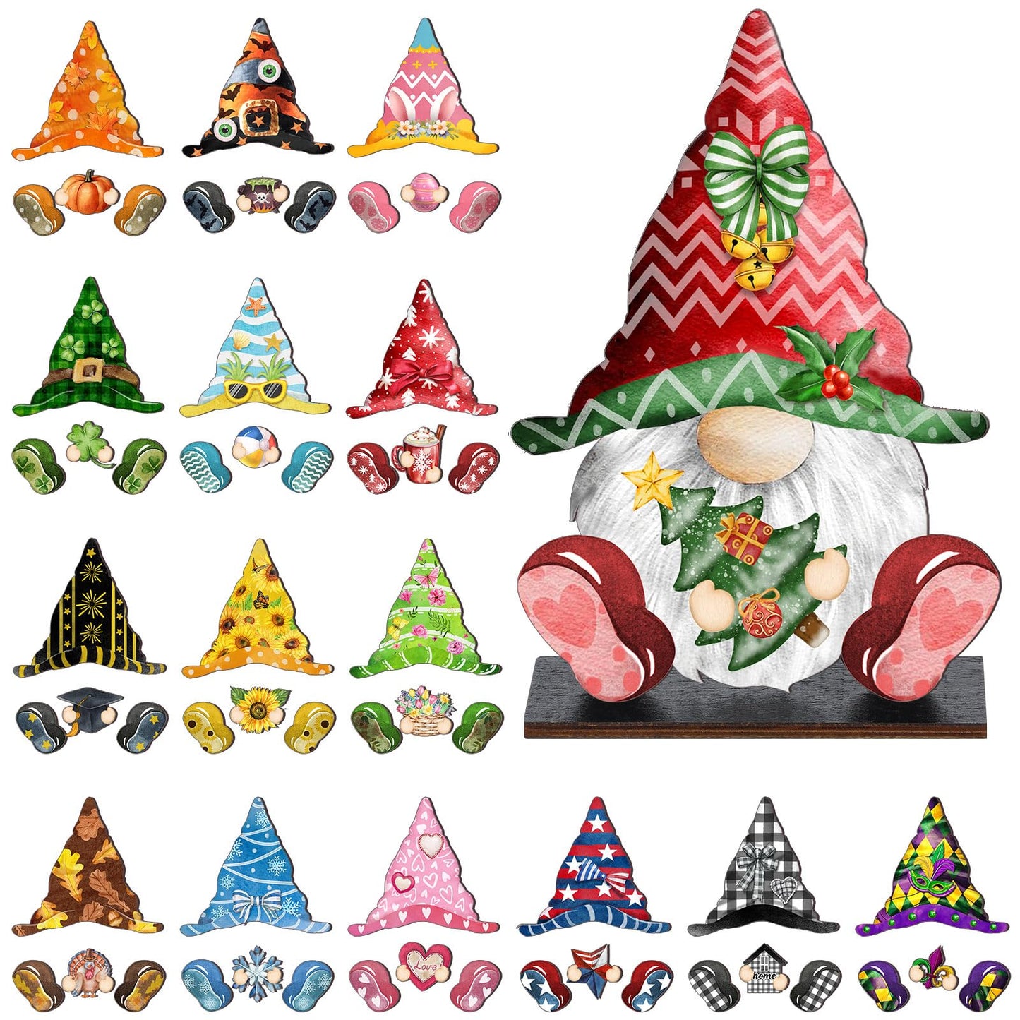 34 Pcs Christmas Interchangeable Wooden Gnome Decor DIY Holiday Christmas Seasonal Tiered Tray Decoration Gnomes with Magnet Pieces Welcome Sign for Xmas Holiday Decorations (Vivid)