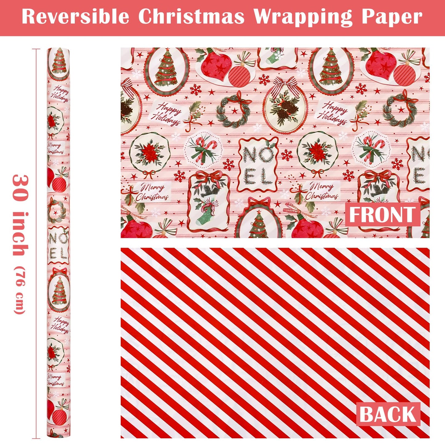 30 Inch Jumbo Reversible Christmas Wrapping Paper - 30 Inch x 33 Feet - Pink & Red Classic Christmas Decor and Stripes Wrapping Paper for Xmas Holiday, Party Celebration