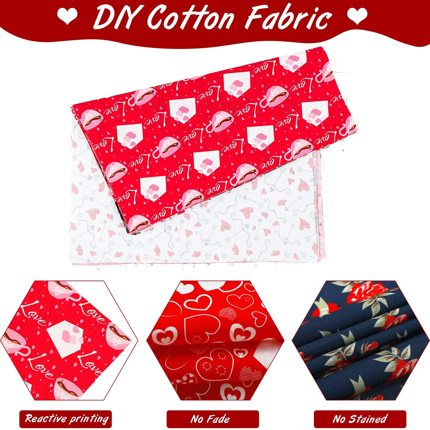 10 Pieces Valentine's Day Fabric 18 x 22 Inch Heart Fat Quarters Printed Red Love Sewing Bundles Precut Quilting Patchwork DIY Fabric Scraps for Valentine's Day DIY Craft