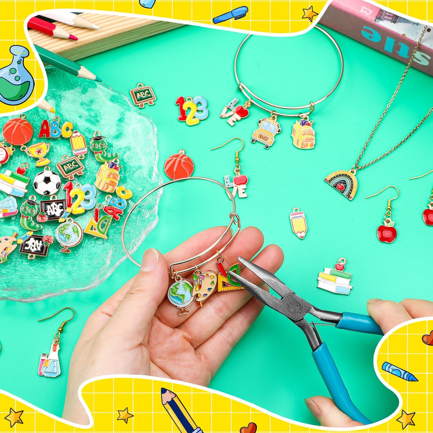MARFOREVER Back to School Charms, 40Pcs/20 Pairs Teacher Charms for Jewelry Making, First Day of School Enamel Pencil Book Blackboard Pendants for Bracelet Necklace Earrings