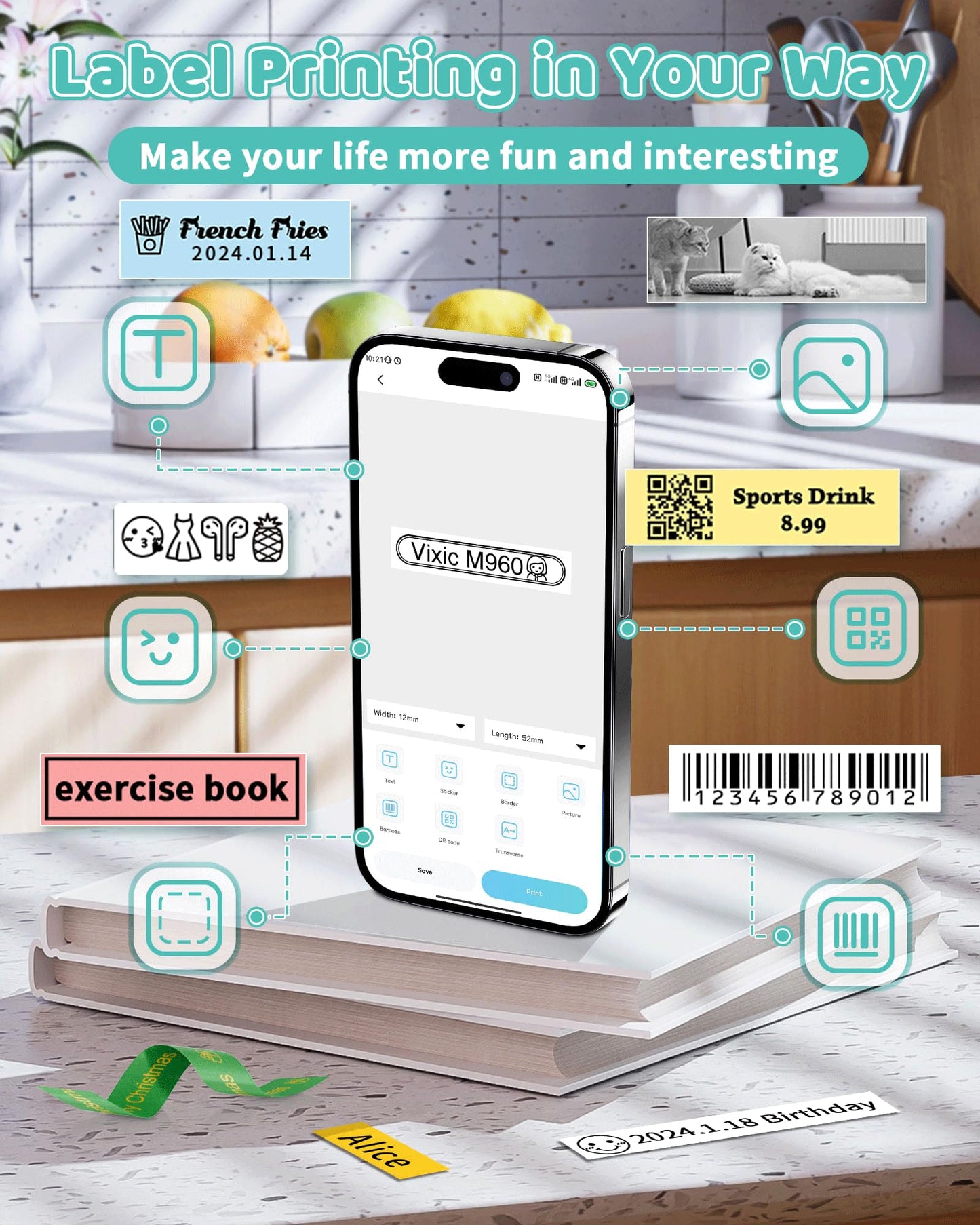 Vixic Bluetooth Label Maker - Rechargeable Mini Labeler Machine with Tape, M960 Label Sticker Portable Printer, Multiple Icon Fonts for Kids School Home Business Office Organization