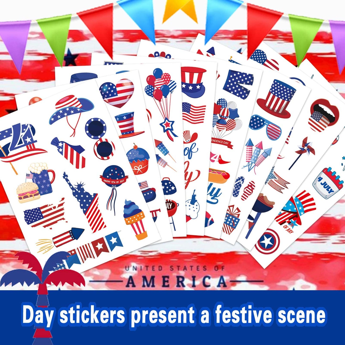 16 Sheets 4th of July Stickers for Kids Patriotic Crafts, Independence Day Red White Blue Face Stickers, Party Favors Games Supplies, Memorial Day