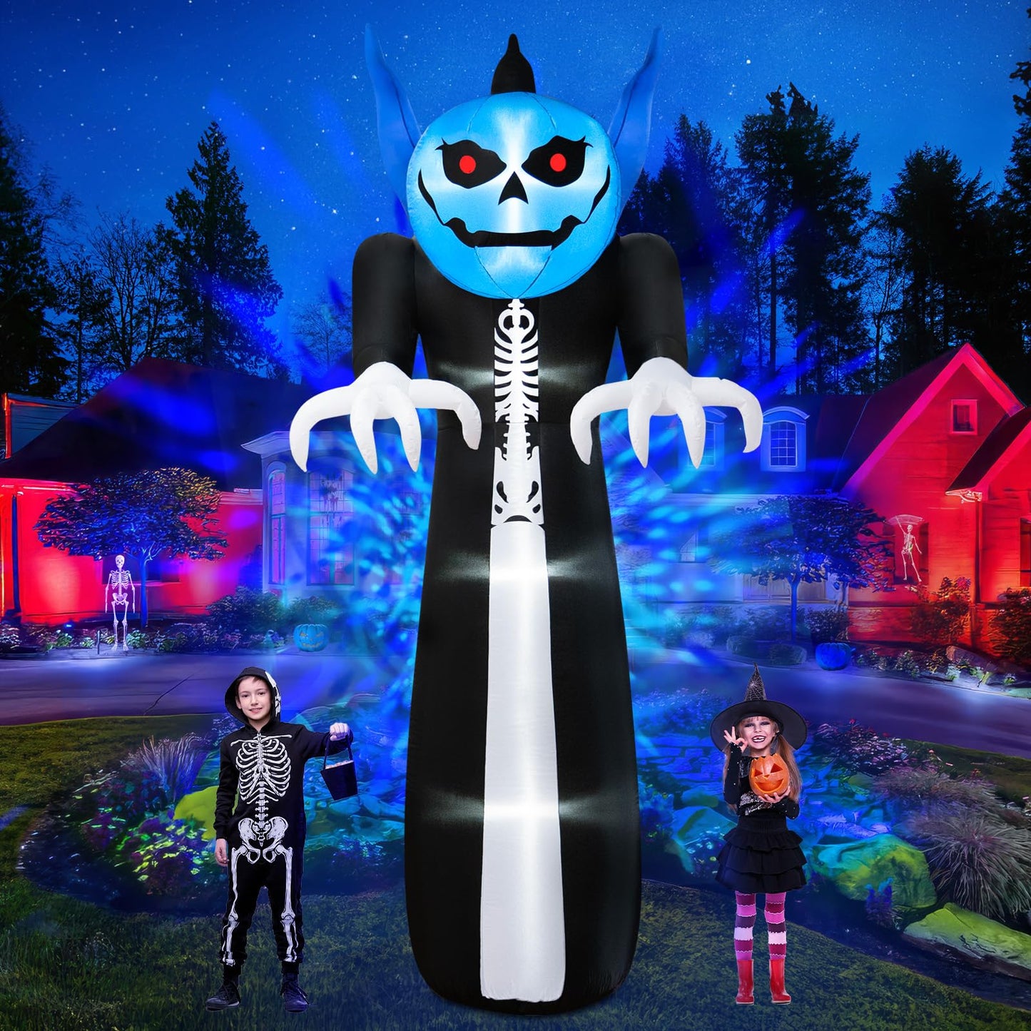12FT Halloween Inflatables Pumpkin Reaper, Giant Pumpkin Ghost Inflatable Halloween Decorations with Blue Rotating LED Lights Blow Up Yard Decorations for Holiday Party Outdoor Garden Lawn