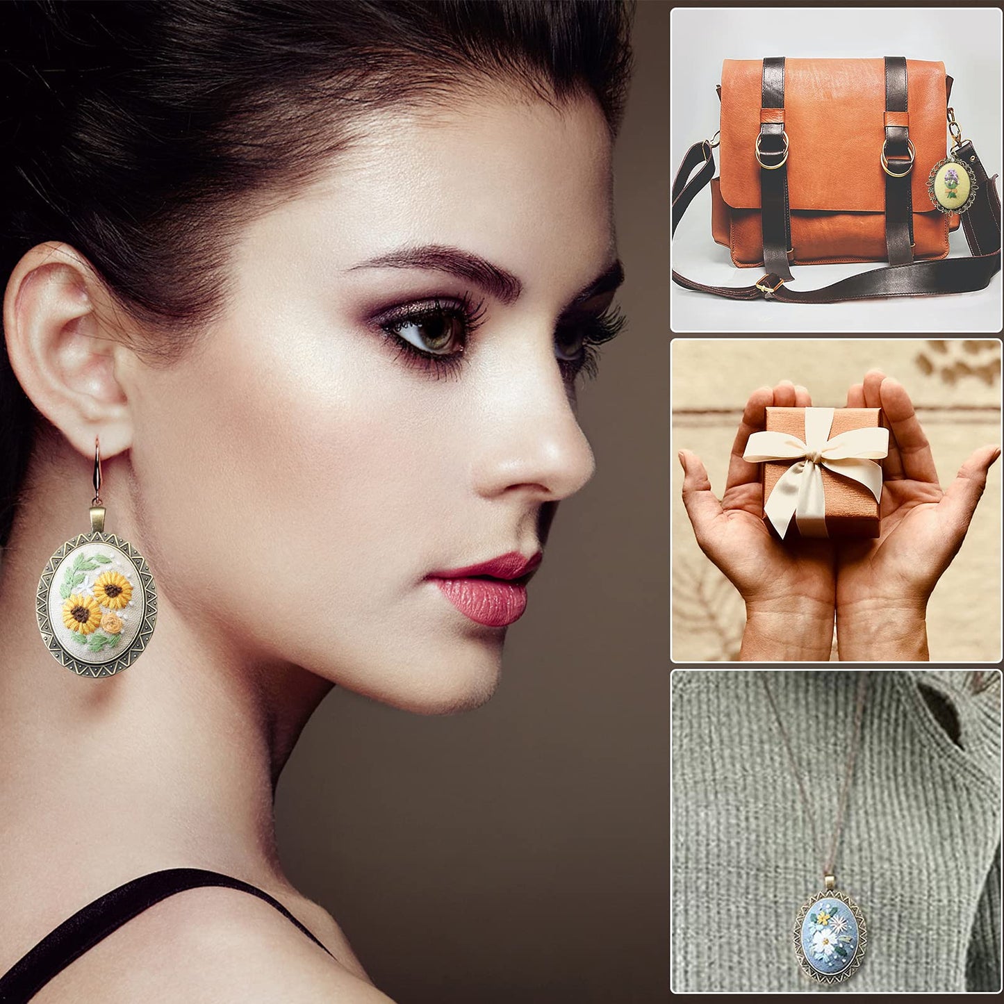 ZOCONE 4 Packs Embroidery Necklace Kit, Embroidery Pendant Kit Mini Cross Stitch Kit with Hoop, Necklace, Pendant, Stamped Pattern Cloth, Instructions, etc., Embroidery Kit for Adults