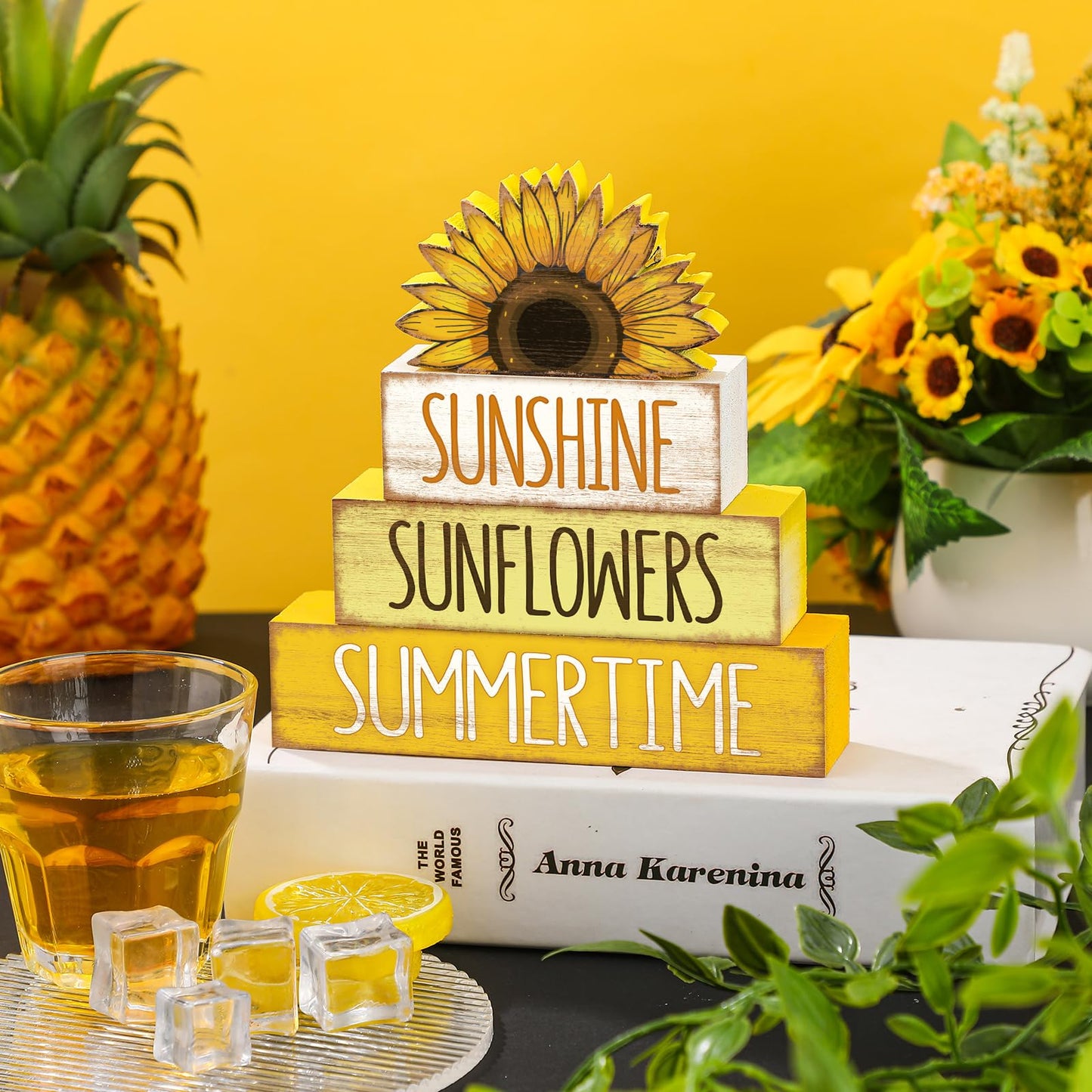 4 Pcs Summer Wooden Tiered Tray Decor Farmhouse Rustic Table Decor Books Stack Block Signs for Table & Home Office Decorations(Sunflower Style)