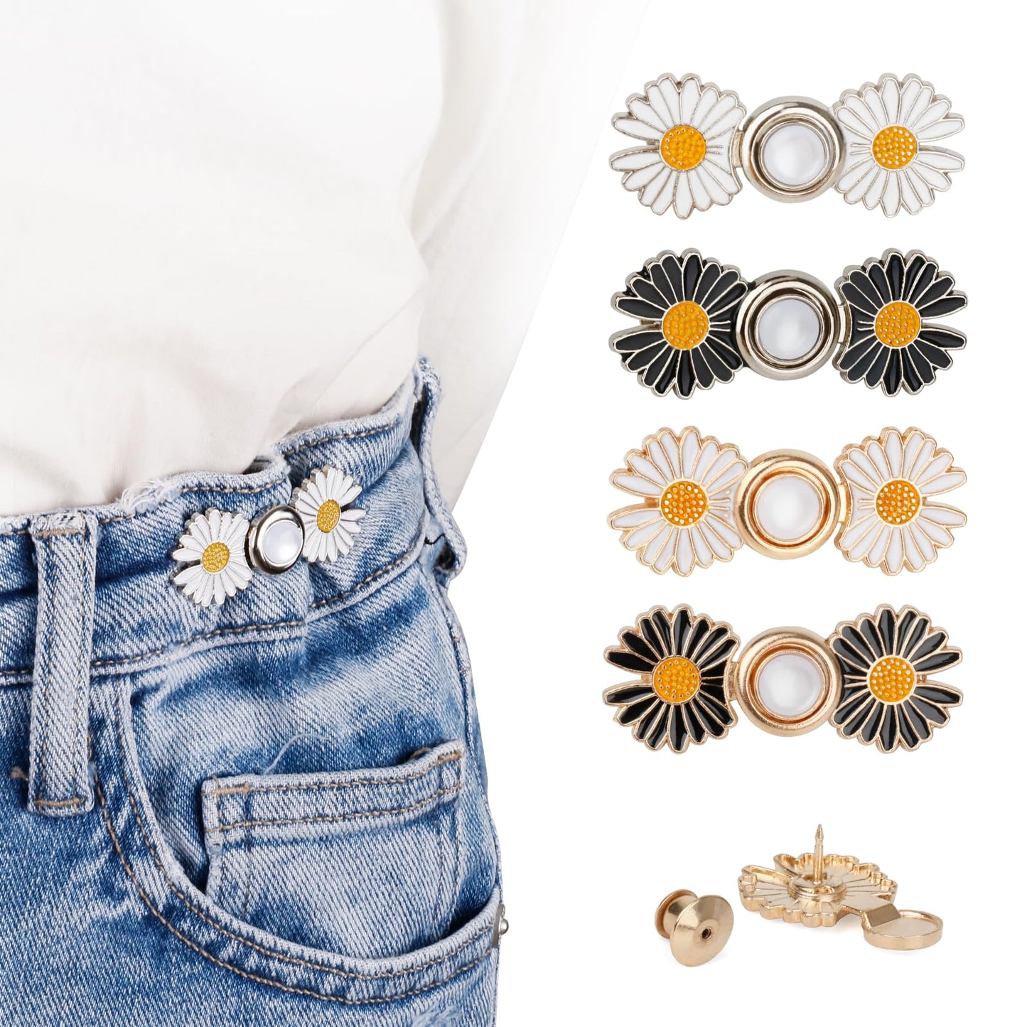 Pant Waist Tightener, Detachable Jean Buttons for Loose Jeans, No Sew and No Tools Button Pins for Jeans, Adjustable Jean Buttons Pins, Daisy Flower Instant Pants Button Tightener 4 Sets