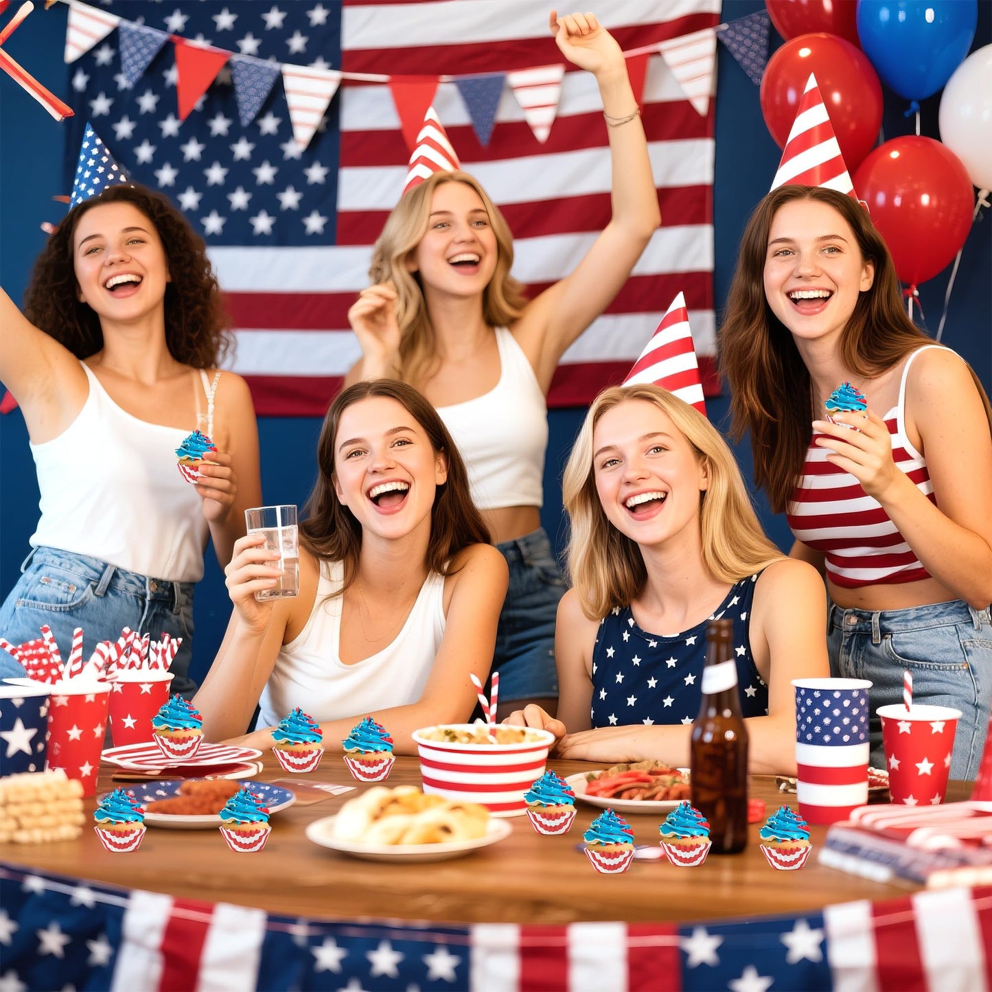 COcnny American Mini Cupcake Liner - 200pcs 4th of July Small Muffin Cups Paper Wrappers for Baking, Patriotic American Flag Red White and Blue Cake Chocolate Candy Wrap for Memorial Independence Day