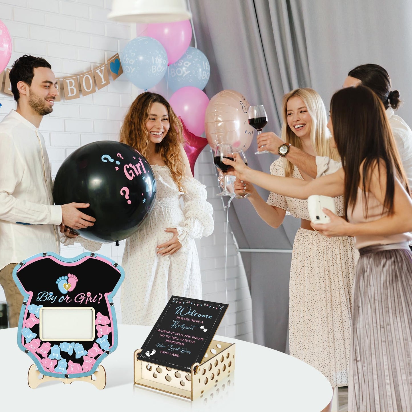 63 Pcs Baby Shower Guest Book Alternatives Set Baby Shower Decorations with Photo Frame Sonogram Frame Keepsake 60 Wood Slices Guest Book for Birthday (Gender Reveal)