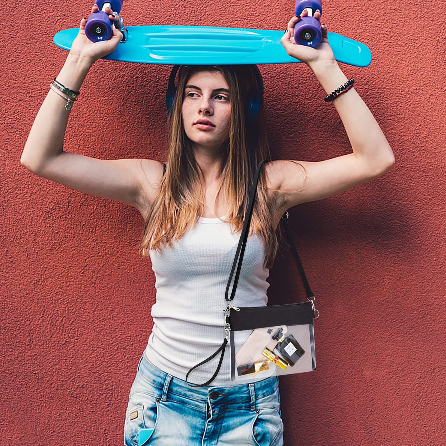 USPECLARE Clear Crossbody Purse Bag Stadium Approved Clear Tote Bag for Work Concert Sports(Black)