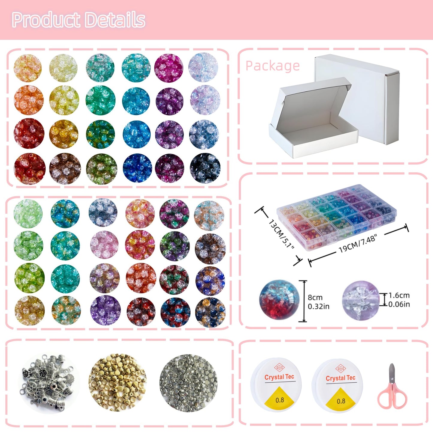 1300PCS 8mm Mixed Crackle Glass Beads for Bracelets Making with Accessories, 48 Colors Crystal Glass Beads Jewelry Making Kit, Round Beads for DIY Bracelet Crafts