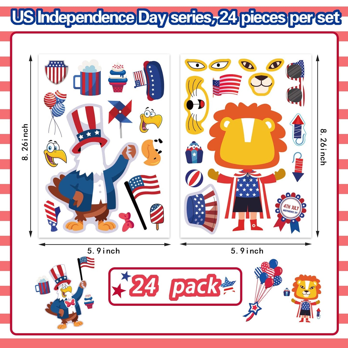 24 Sheets 4th of July Sticker, Make-a-face Sticker for Kids, Independence Day Make Your Own Stickers, Fourth of July American Birthday Patriotic Crafts Stickers, Veterans, Memorial Day