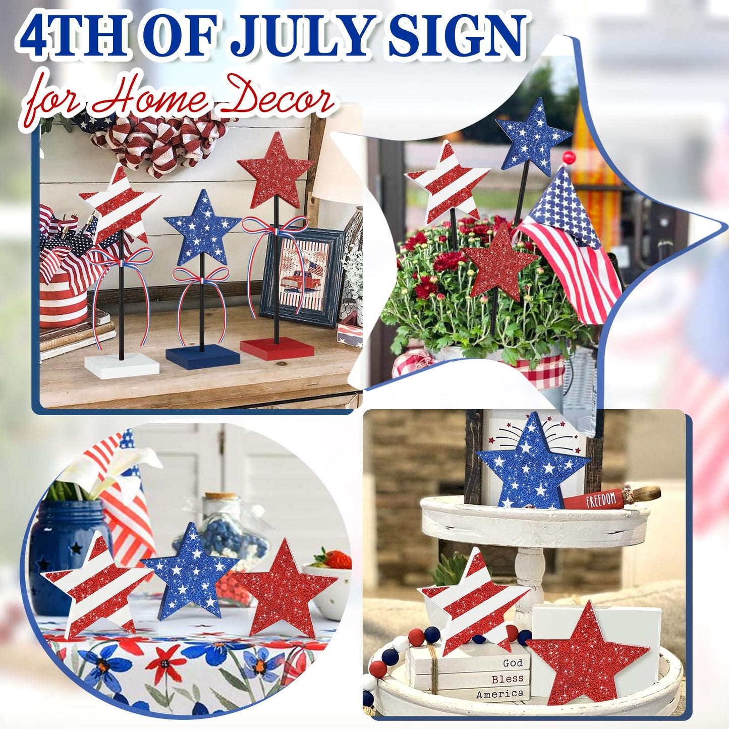 4th of July Tiered Tray Decor Wooden Star Set, 3 Pcs Memorial Day Table Decorations, Rustic Patriotic Tabletop Home Decor, Red White and Blue Decorations for Home (Shiny)