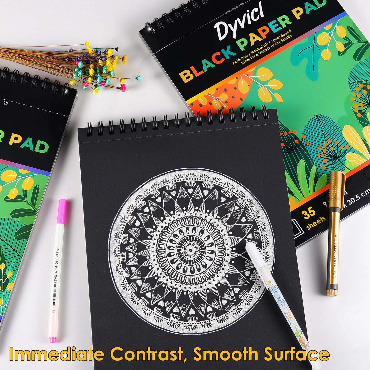 Dyvicl Black Paper Pad 5.5"x8.5" Sketch Book, 35 Sheets (90 lb/150gsm), Spiral Black Sketchbook Drawing Paper for Pencil, Pastel, White Ink Gel Pen, Charcoal, Chalk, Metallic Marker, Paint Pen
