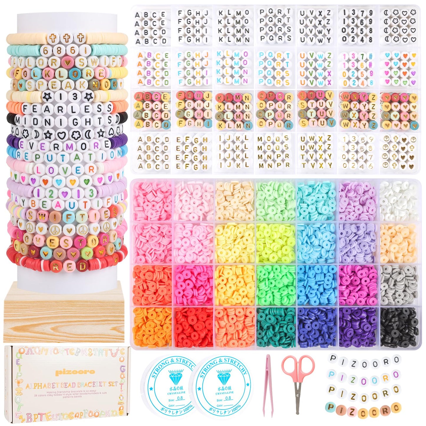 Bracelet Kit with 28 Colors, 5040 Clay Beads, 1200 Letter Beads for Jewelry Making - 4 Styles of Round Alphabet, Number, Heart & Pattern Beads