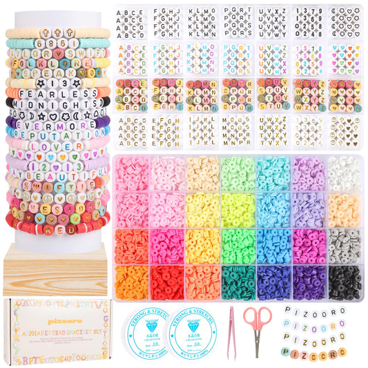 Bracelet Kit with 28 Colors, 5040 Clay Beads, 1200 Letter Beads for Jewelry Making - 4 Styles of Round Alphabet, Number, Heart & Pattern Beads