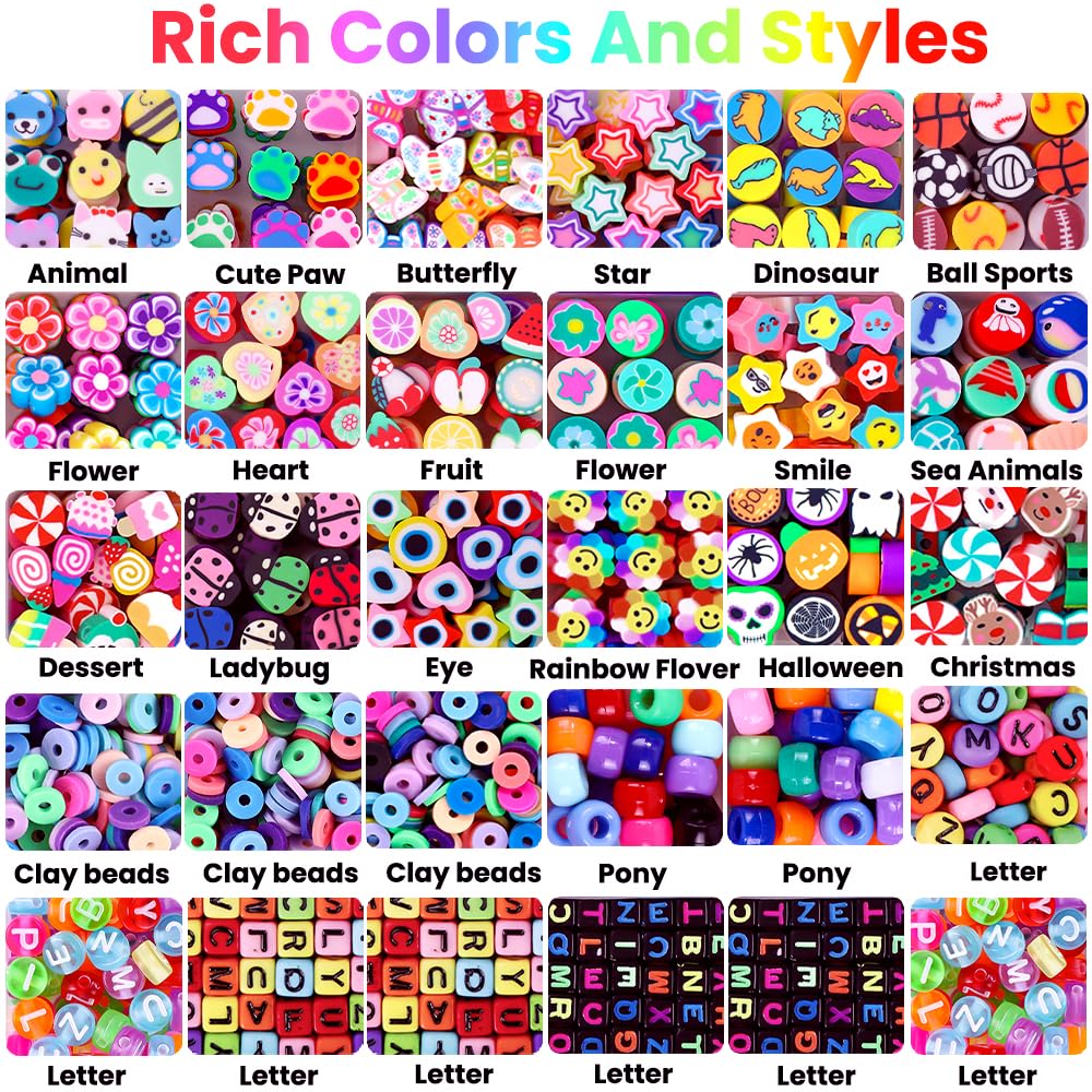 DULEFUN 960pcs Polymer Clay Beads Charms Bracelet Kit 24 Styles Cute Fun Clay Flower Butterfly Heart Animal Letter Pony Beads for Necklace Earring Making Women Girls DIY Accessories