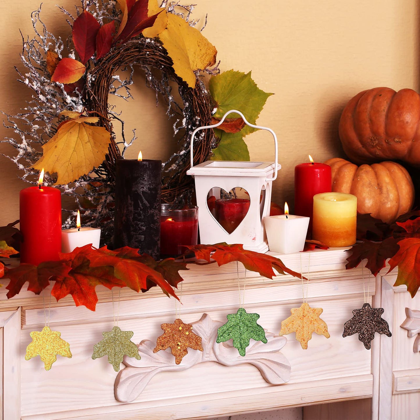 36 Pcs Thanksgiving Maple Ornaments Fall Glitter Leaf Hanging Decor Mini Leaf Tree Ornaments for Thanksgiving Day Autumn Anniversary Party Decoration(Maple