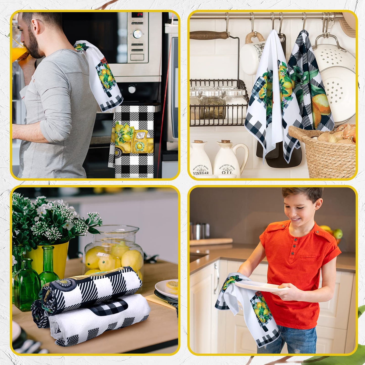 Redbaker 6 Pcs Lemon Kitchen Towels Lemonade Dish Towels with Sayings Decorative Hand Tea Dishcloths for Kitchen Decor with Hanging Loop for Housewarming Gift(Black White,Plaid Lemon)