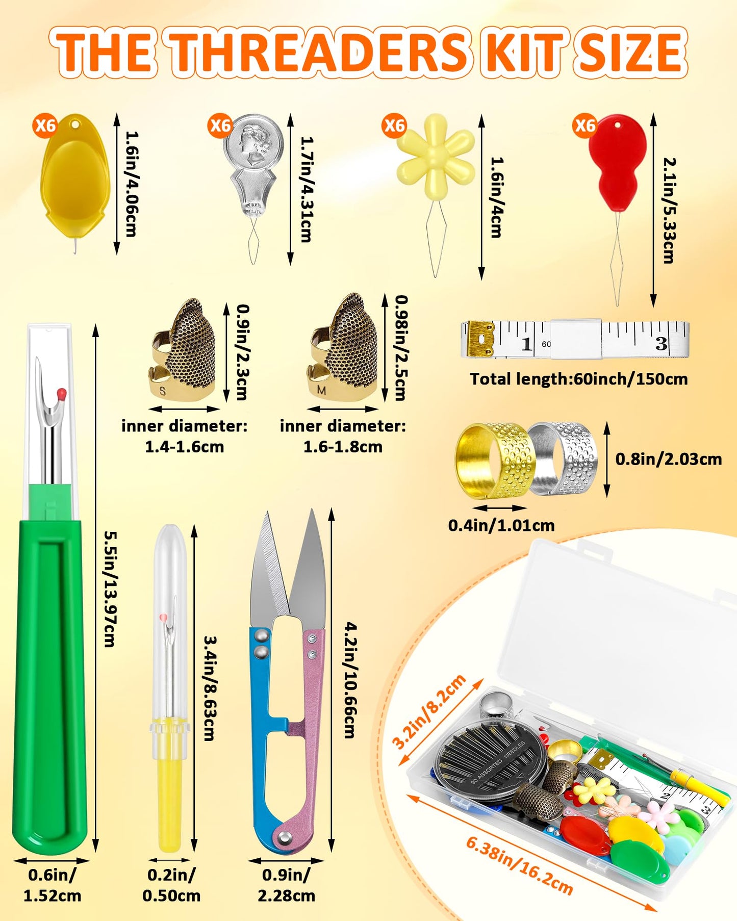 Needle Threaders Kit, 24 PCS Needle Threader for Hand Sewing, Needles Threader for Swing & Embroidery Floss with Embroidery Needles, Seam Ripper, Thread Snips, Thimble and Measuring Tape