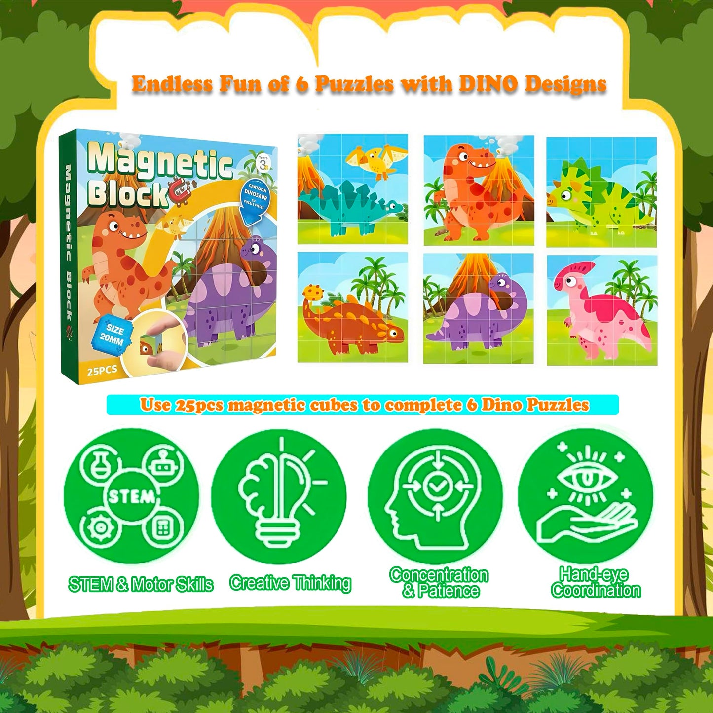 ritastar Magnetic Blocks Building Toy, 25pcs Mine Stacking Magnet Build Cubes Cartoon Pattern World,STEM Sensory Construction Toys for Kids Gift,Educational Jigsaw Puzzle Set with 3D Dinosaur Designs