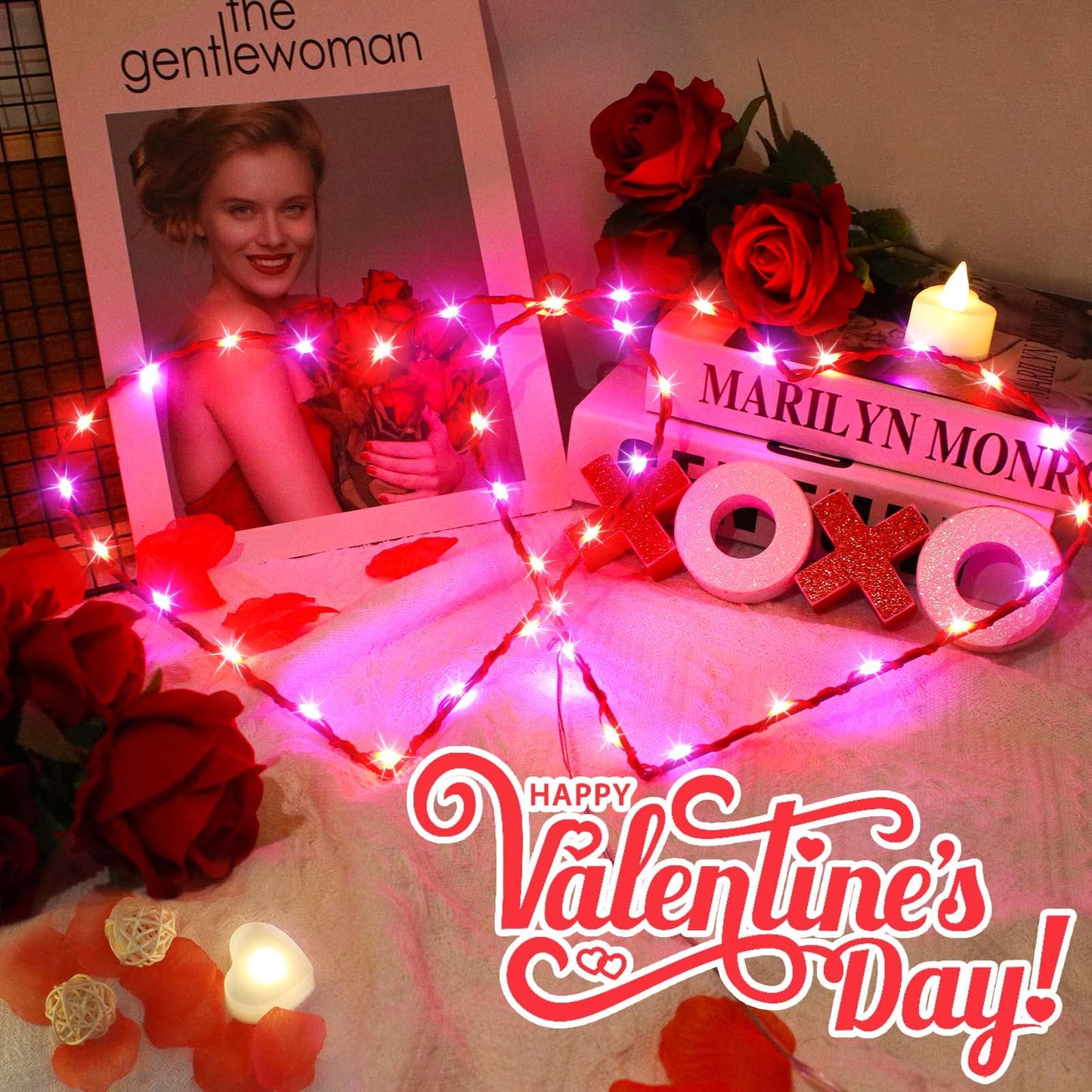 Valentines Decor Double Heart Window Lights, 17" Red Pink Valentines Decorations Backdrop Silhouette Heart Lights with Remote, Valentines Wall Window Decoration for Home Bedroom