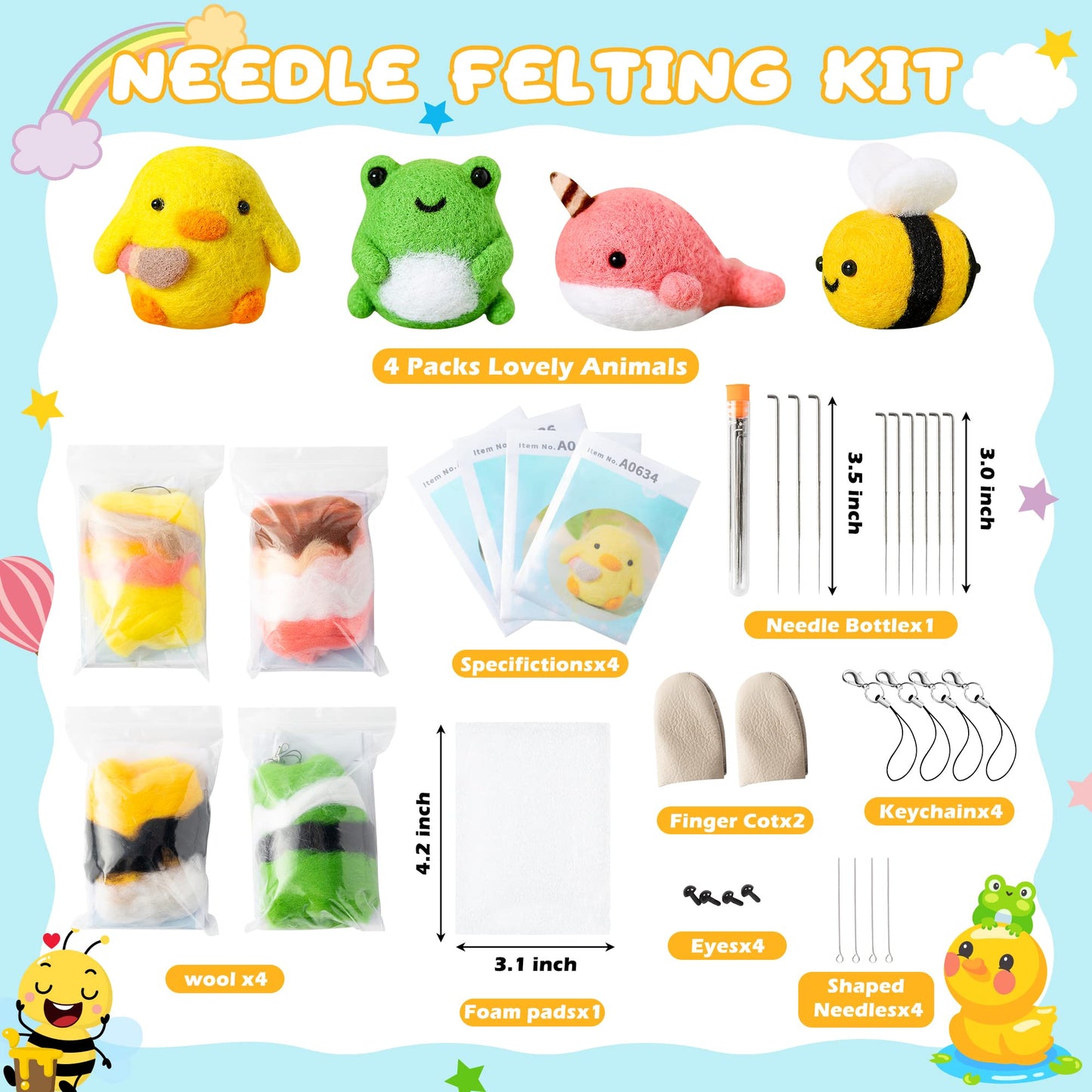 Set of 4 Cute Animal Needle Felting Starter Kit Frog Chick Bee Narwhal Animal Doll Wool Felting Tools Felt Needles Foam Mat DIY Needlework Craft Party Supplies for Beginners Adults