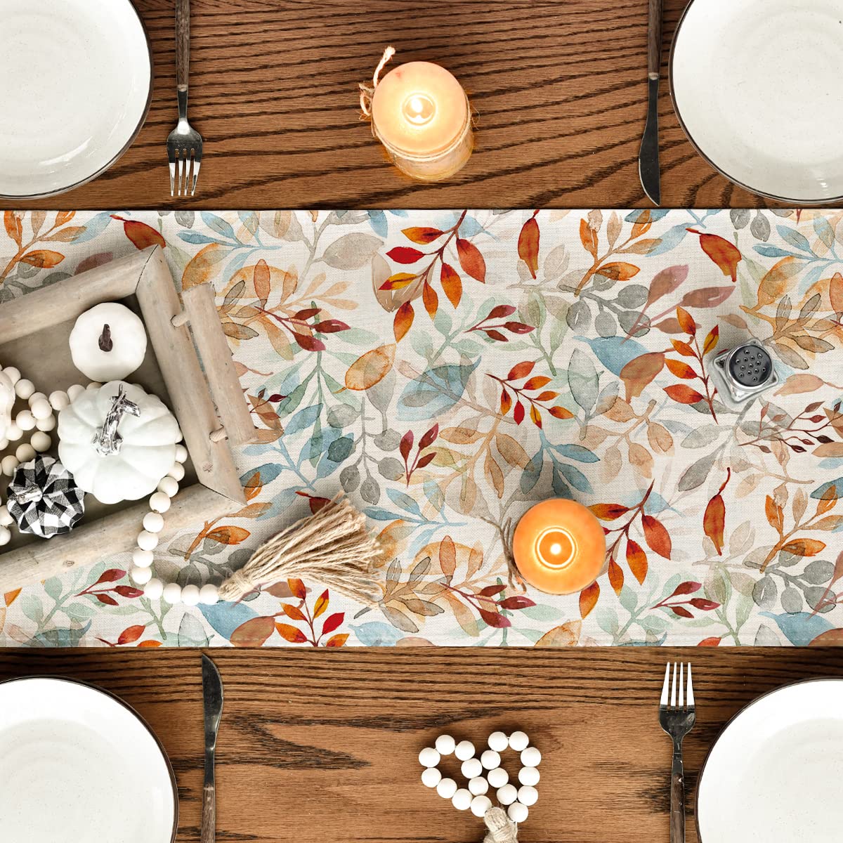 Beige Eucalyptus Leaves Fall Table Runner, Seasonal Autumn Kitchen Dining Table Decoration for Outdoor Home Party 13x108 Inch