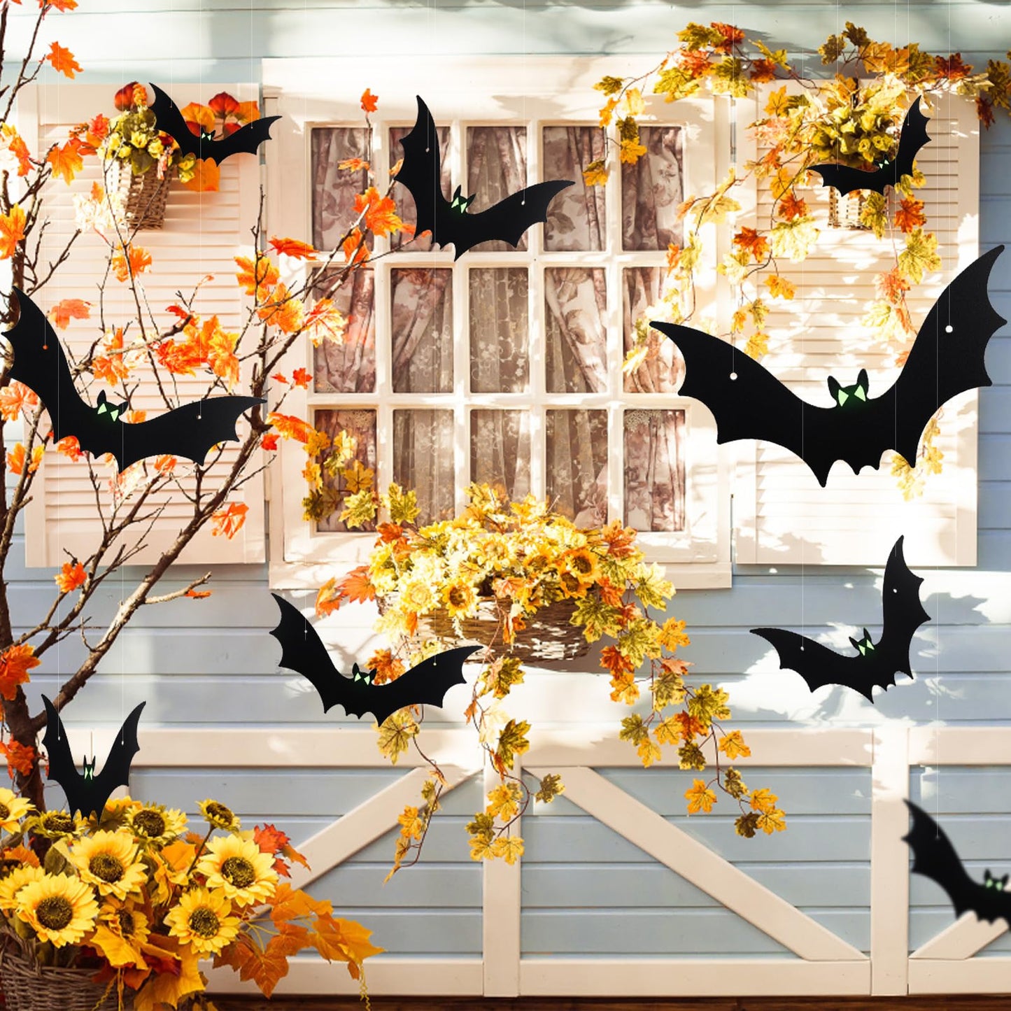 21pcs Halloween Hanging Bats Large Flying Bats Outdoor Decorations Fake Black Bats with Glow in the Dark Eyes for Halloween Outside Tree Yard Porch Decor Supplies