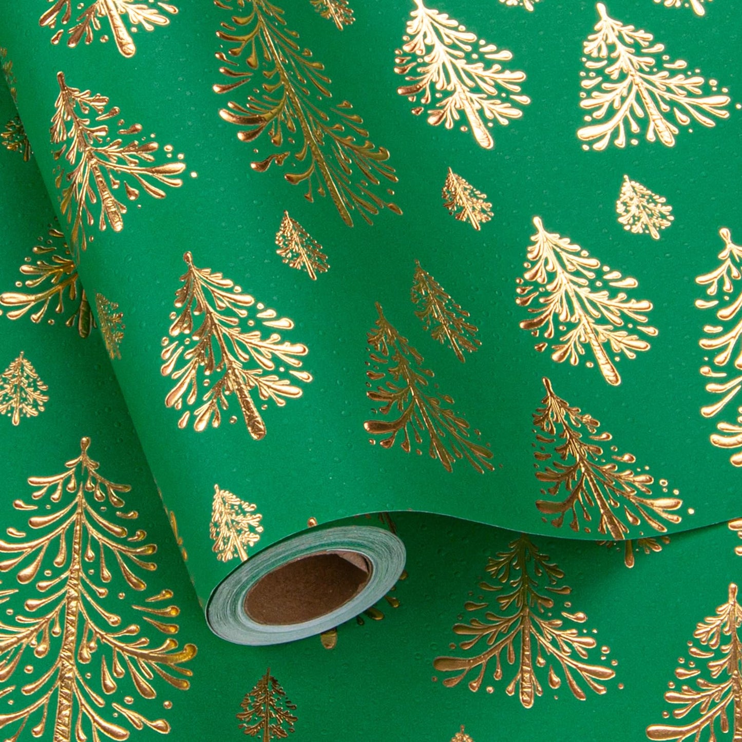 Kraft Christmas Wrapping Paper, Green 3D Embossed Gold Foil Christmas Pine Tree with Woodlands Wrap Paper for Holiday, Party,Celebration, New Year (17 Inch X 32.8 Feet)