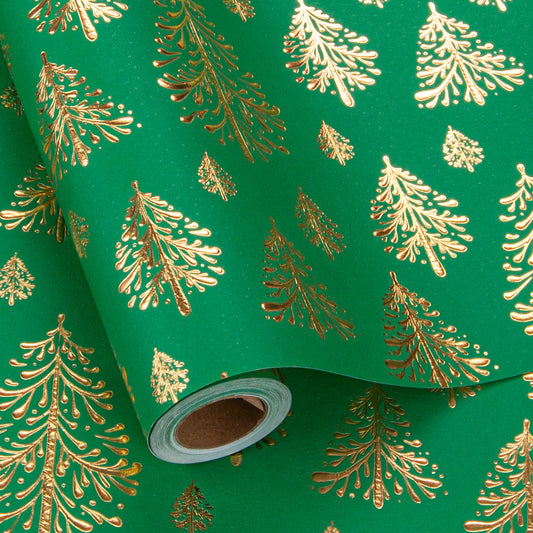 Kraft Christmas Wrapping Paper, Green 3D Embossed Gold Foil Christmas Pine Tree with Woodlands Wrap Paper for Holiday, Party,Celebration, New Year (17 Inch X 32.8 Feet)