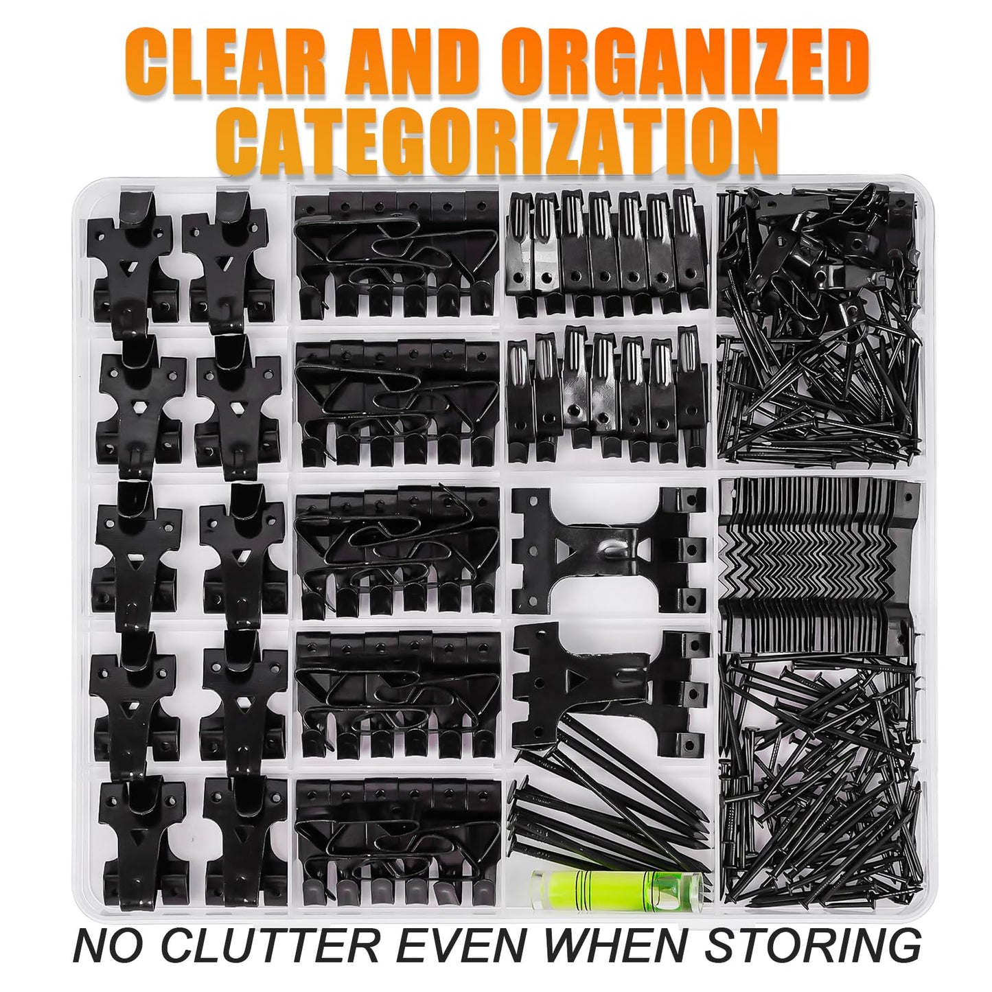 385Pcs Picture Hanging Kit with Heavy Duty Picture Hanging Hooks, Sawtooth, Hardware Nails and Picture Hanging Tool, Wall Hangers for Frame, Painting, Art, Photo (Black)