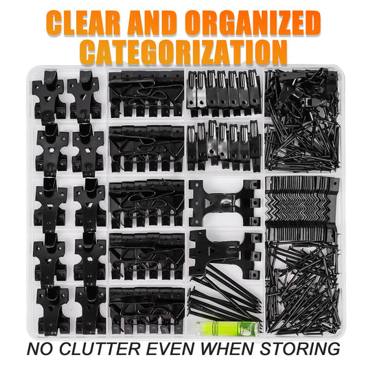 385Pcs Picture Hanging Kit with Heavy Duty Picture Hanging Hooks, Sawtooth, Hardware Nails and Picture Hanging Tool, Wall Hangers for Frame, Painting, Art, Photo (Black)