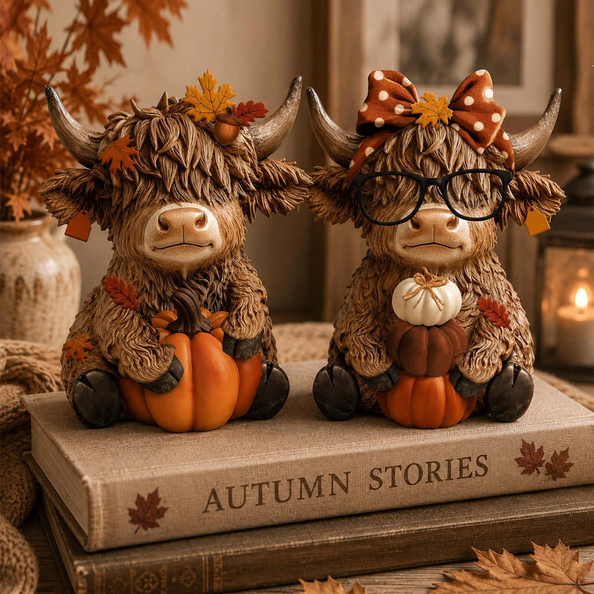 Karenhi 2 Pcs Fall Highland Cow Figurines Resin, Autumn Tabletop Decor