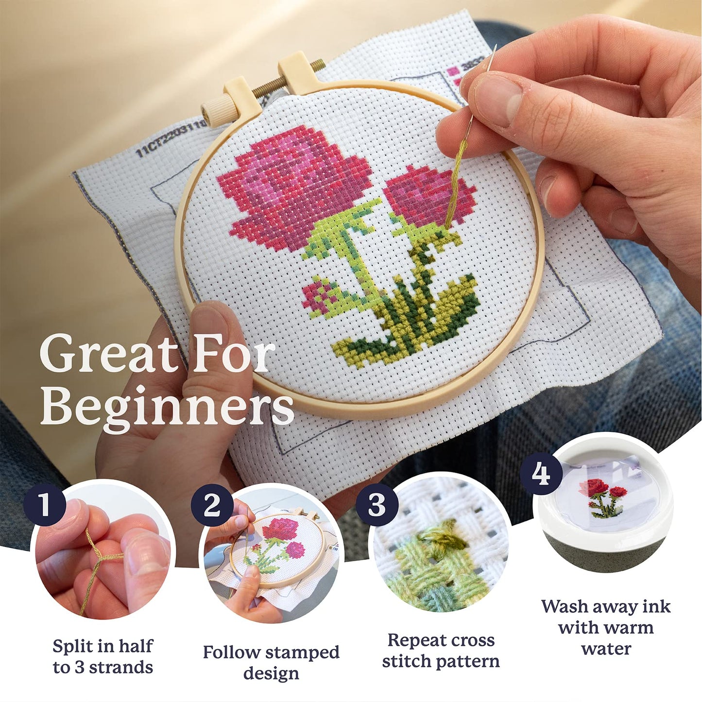 Cross Stitch Kits for Beginners (Flower Theme - 6.75 Inch - 4 Pack 1 x Embroidery Hoop) DIY Embroidery Needlepoint Patterns for Adults, Includes Poppy, Rose, Sunflower and Pansy.
