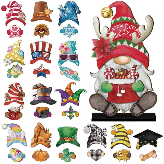 34 Pcs Christmas Interchangeable Wooden Gnome Decor DIY Holiday Christmas Seasonal Tiered Tray Decoration Gnomes with Magnet Pieces Welcome Sign for Xmas Holiday Decorations (Retro Watercolor)