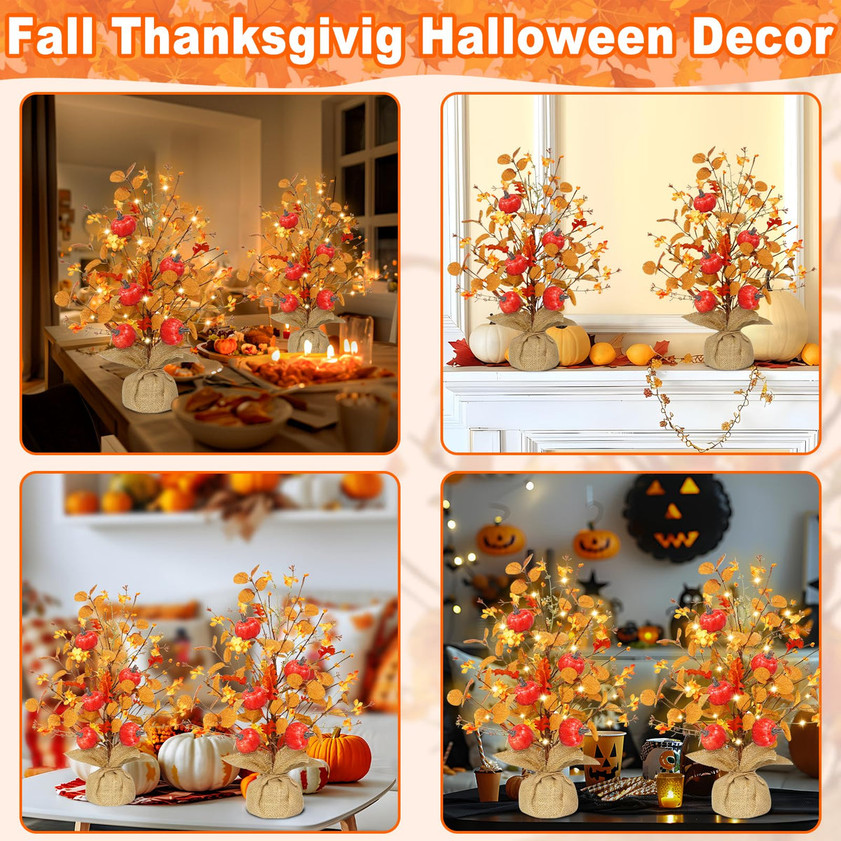 Timer & Pumpkin - Fall Decor 2 Pack 18 Inch Lighted Fall Tree Tabletop